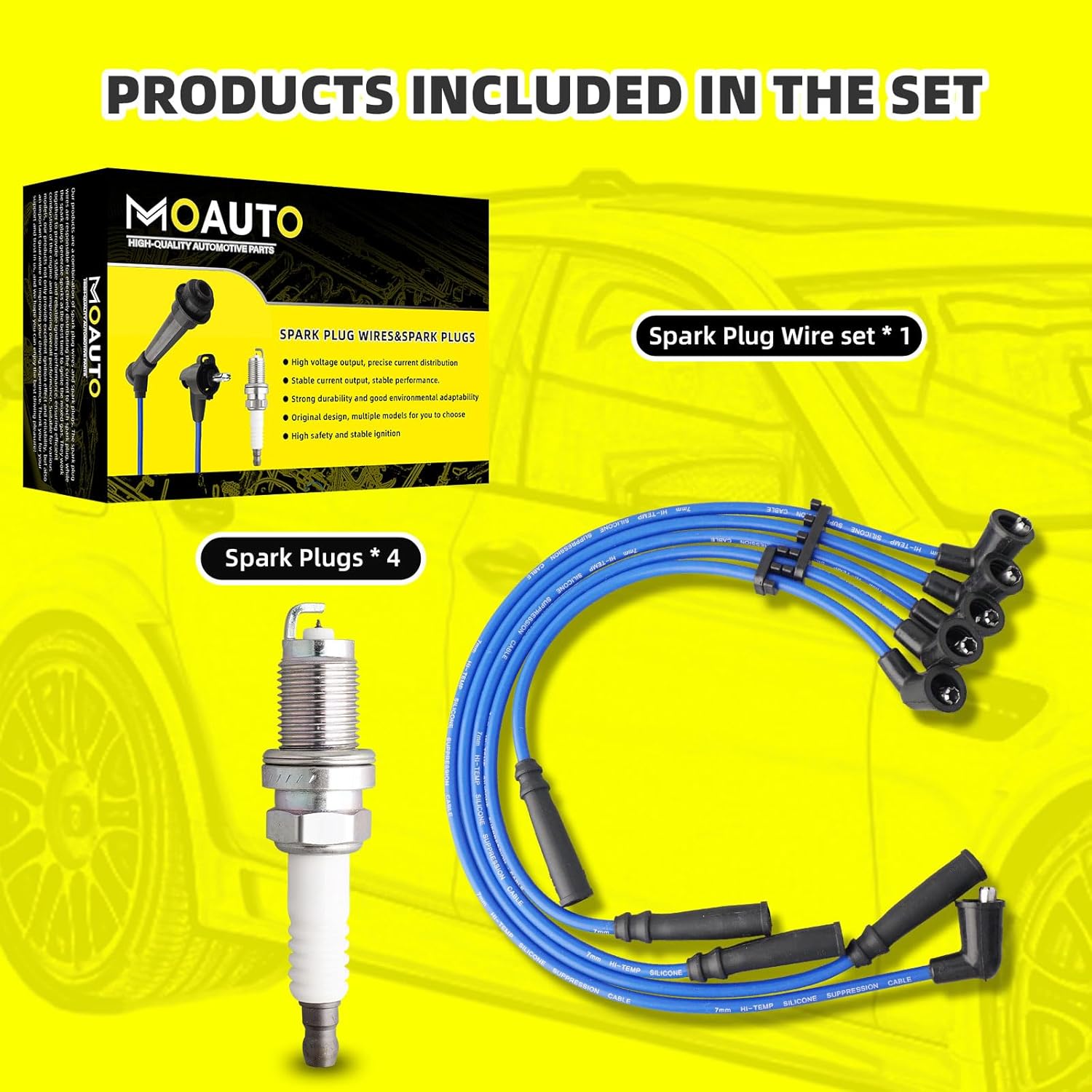 Set of 4 PCS Iridium Spark Plugs with Wire Set 671-4194 55310 9177 RC-NX93 22450-86G25 Compatible with Nissan Axxess 1990-1995 D21 1990-1994 Pickup 1995-1997 Stanza 1990-1992 240SX 2.4L L4
