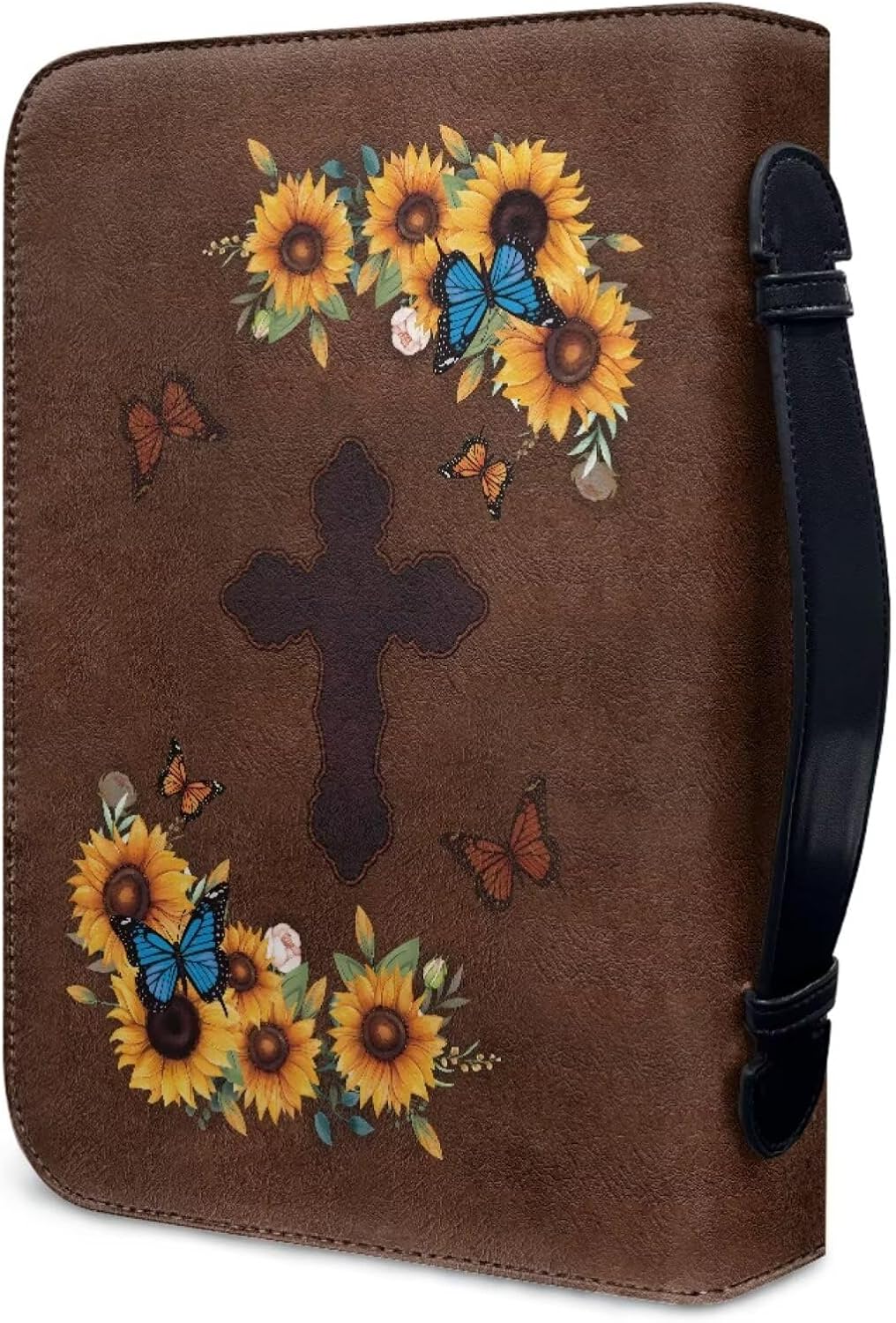 Bible Cover PU Leather Bible Book Covers Sunflower Butterfly Brown Cross Print Church Bible Bag Zippered Book Organizer Holder for Christian Prayer Outdoor Study, 2XL