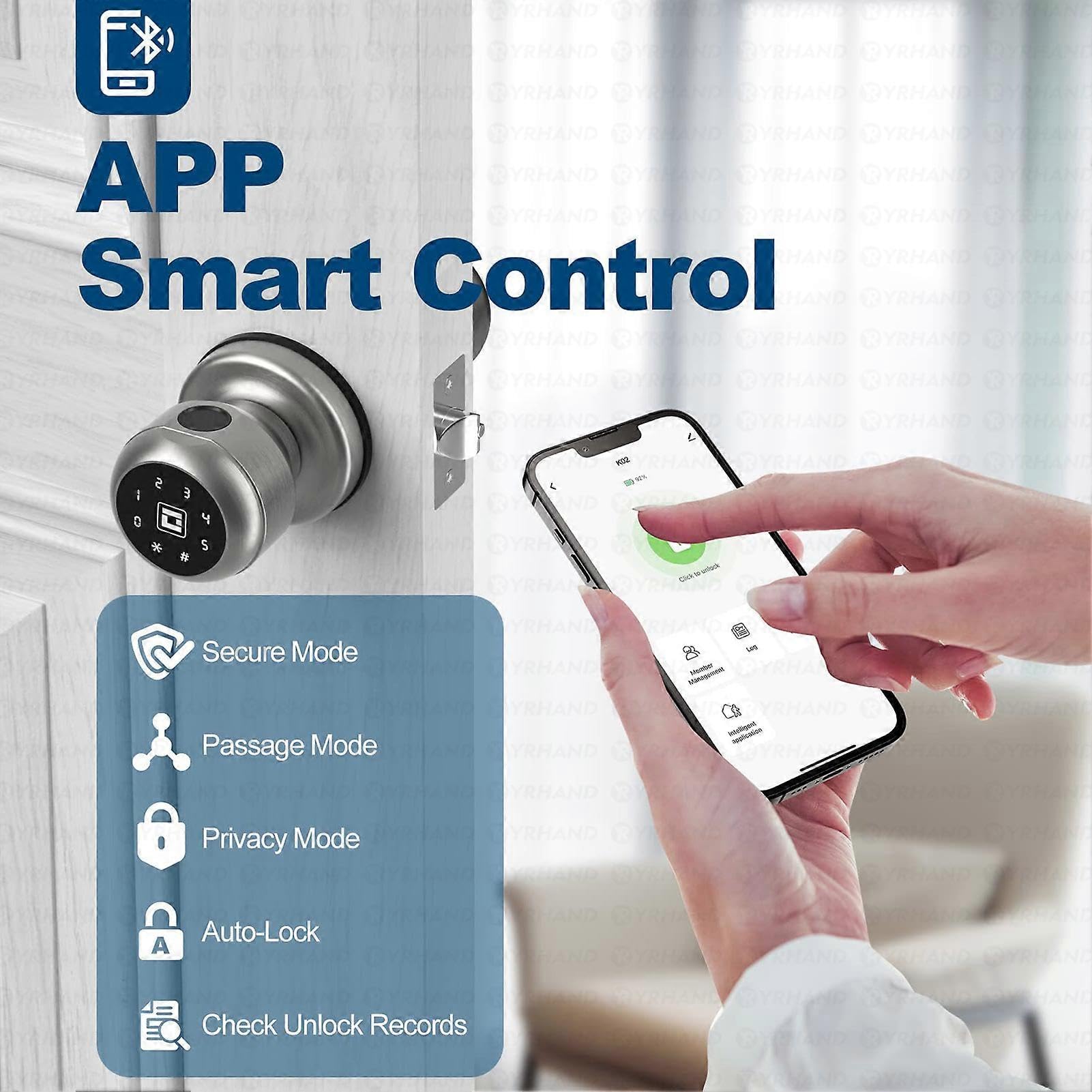 Okrągła gałka Tuya Bluetooth Smart Lock łatwa instalacja cylindryczna elektroniczna cyfrowa biometryczna blokada odcisków palców do inteligentnego domu