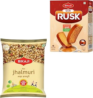 Bikaji Lite Jhalmuri 200g (7 oz), Authentic Kolkata Street Style Puffed Rice Snack Mild Spicy Crunchy Jhalmuri Mix with Sev & Peanuts Vegetarian Indian Namkeen BIKAJI Premium Gur Rusk 600g | Traditio