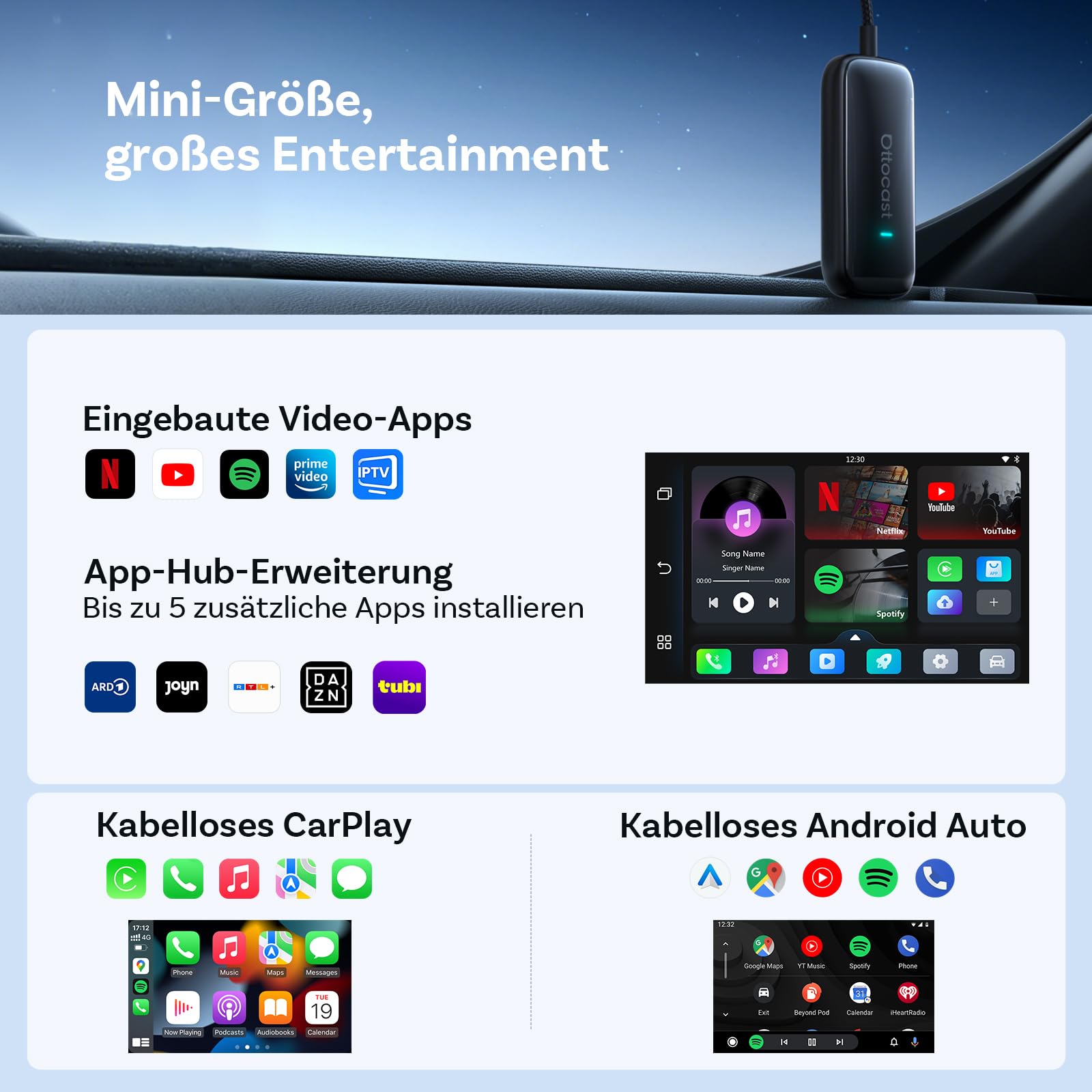 OTTOCAST Play2Video Ultra 2026 AI Box, Kabelloser CarPlay & Android Auto Adapter mit YouTube/Prime Video, WiFi 6, 4GB+32GB, Plug & Play, für Autos mit kabelgebundenem CarPlay ab 2016