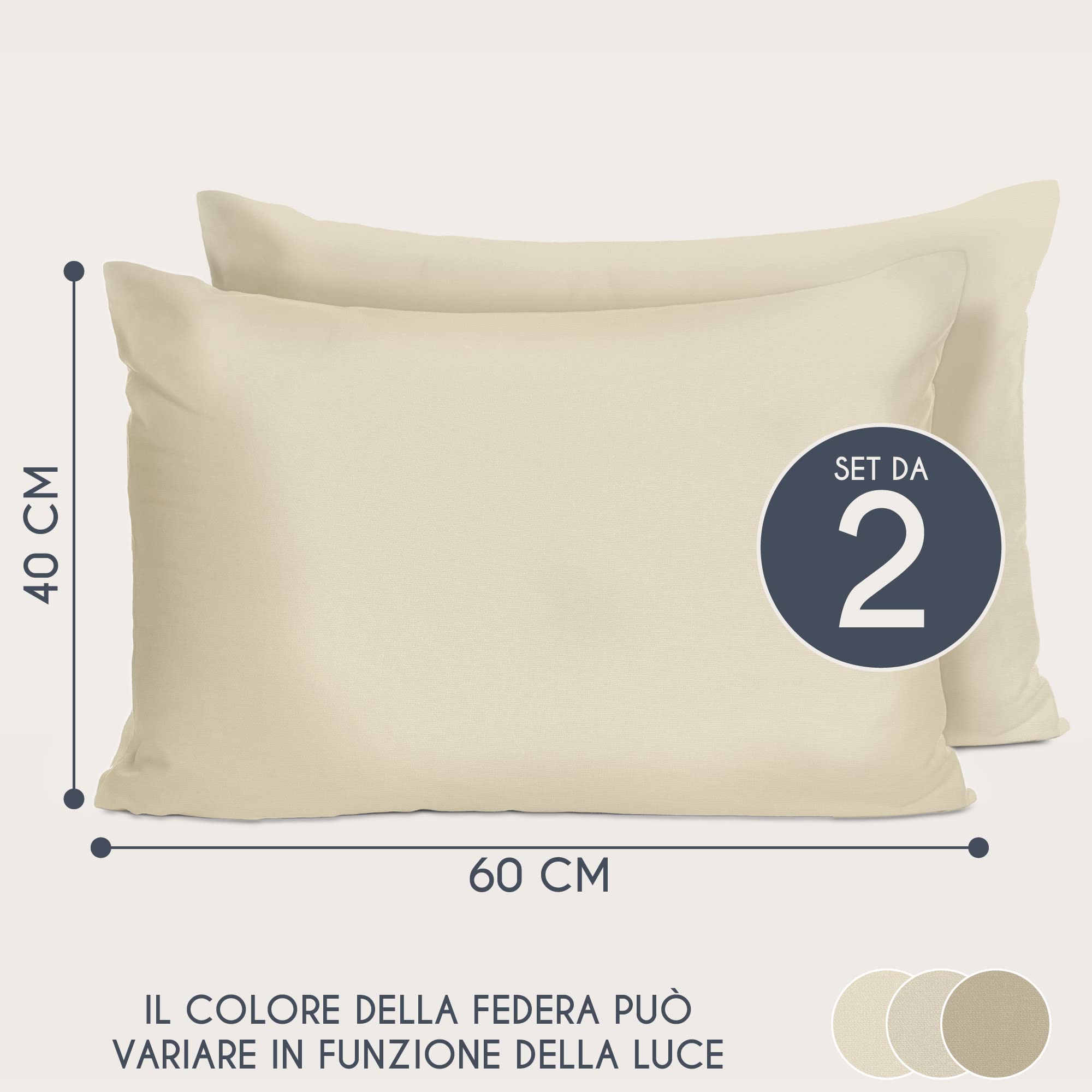 Dreamzie Federe 40x60 Cotone Rinforzato (Set da 2) - Beige - Trama Fitta a 57 Fili/cm² - Federe Cuscini 40x60 cm - Federe Cuscino 40x60 Certificate Oeko Tex