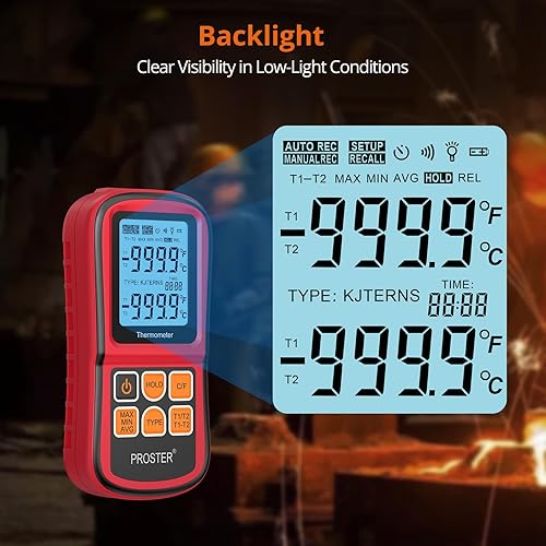 Miniatura 3 de Proster tester medidor de temperatura con retroiluminación LCD de dos canales con termómetro y termopar digital para clase KJTERSN, con dos