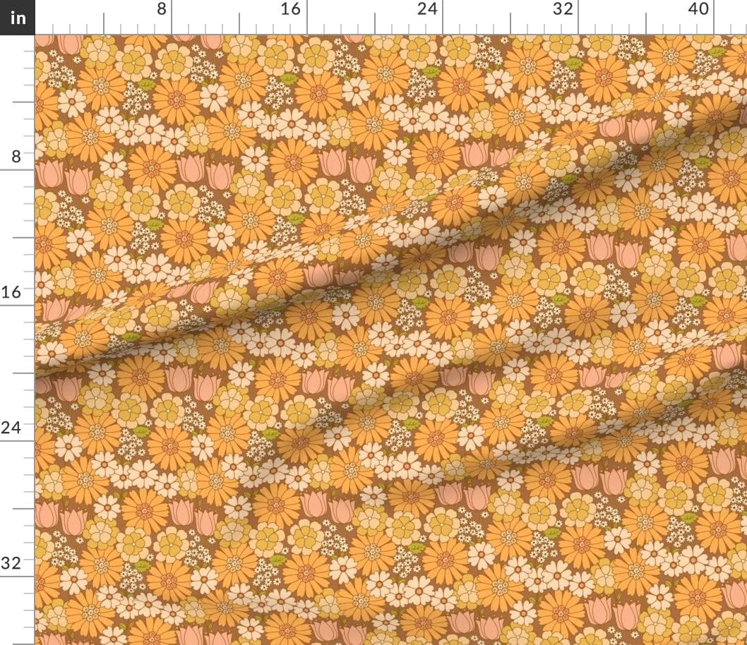 Spoonflower Fabric - Orange Floral Retro Flower Vintage Nostalgia Mustard Seventies Printed on Petal Signature Cotton Fabric by The Yard - Sewing Quilting Apparel Crafts Decor