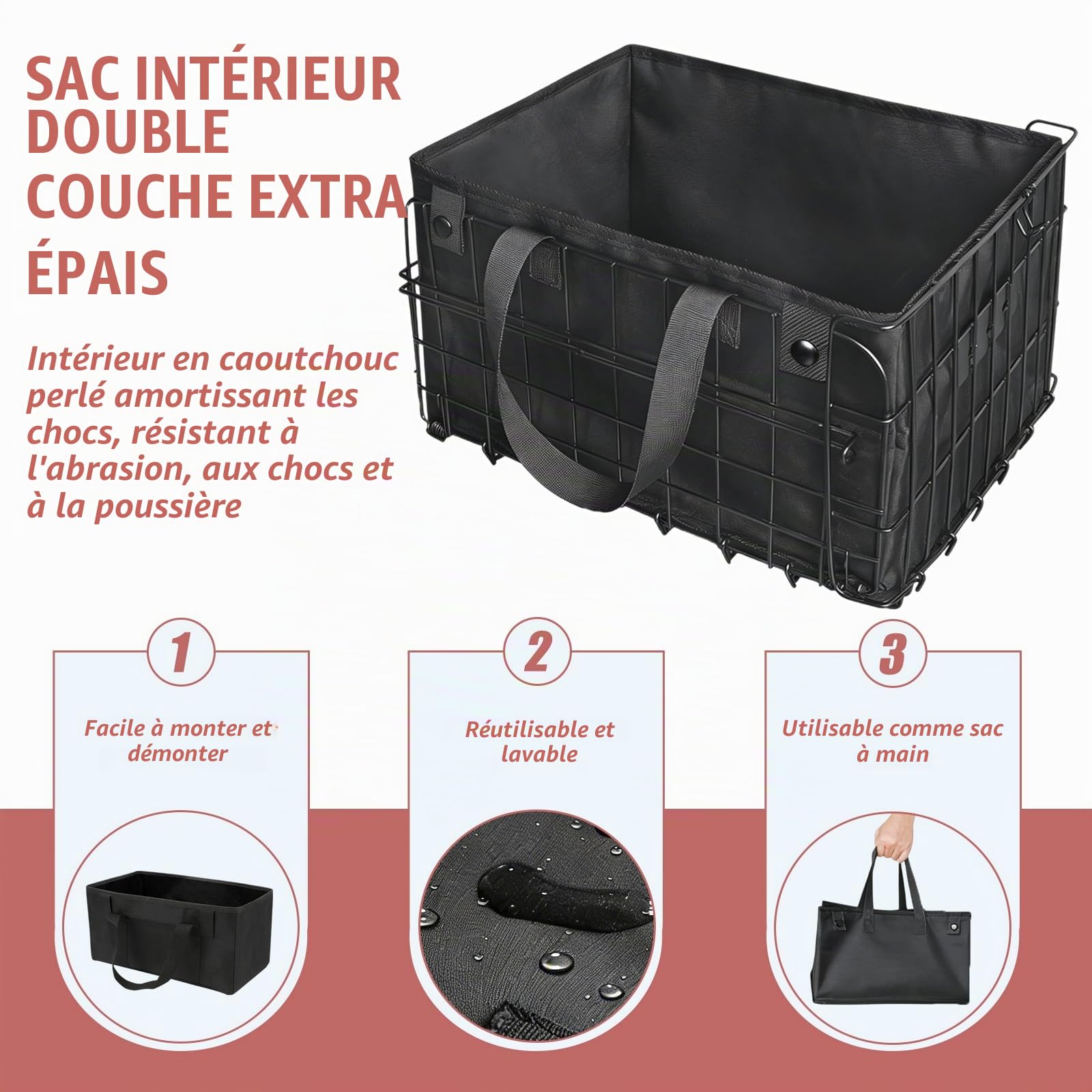 W&H Panier de vélo arrière pliable avec sac intérieur imperméable amovible, filet à bagages, housse étanche, bandes réfléchissantes