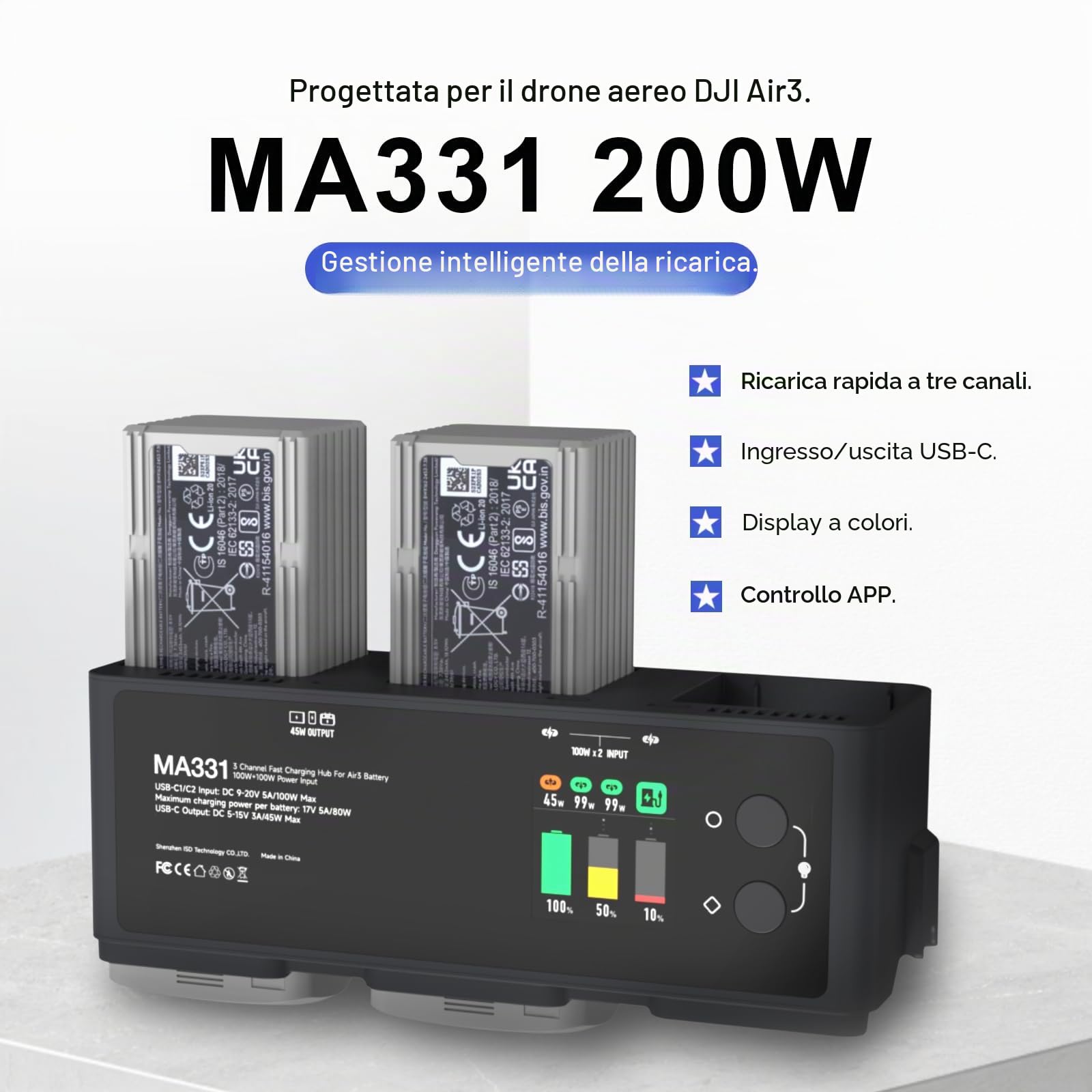 ISDT MA331 Air 3/3S - Hub di ricarica, 200 W, 3 canali, per DJI Air 3/3S, caricatore RC con connessione APP/LCD e funzione di scarica