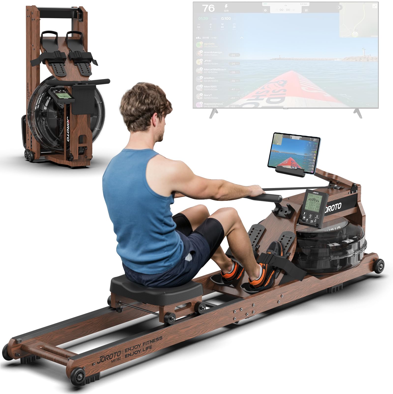 JOROTO Hauswasserruder, Faltrad aus Eichenholz, Traglast 180 kg, mit App und Bluetooth-Monitor, großer Wassertank und bequemer Sitz für den Wasserfahrrad