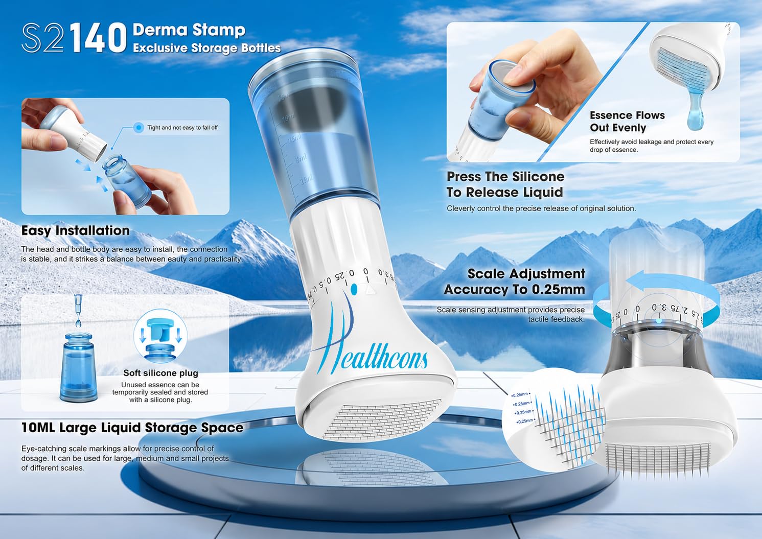 Healthcons S2 Upgraded Derma Stamp 140 | Adjustable Microneedle Serum Applicator with 10ml Refillable Bottle | Hydra Derma System for Enhanced Absorption & Skin Refresh | Face & Scalp Use 4