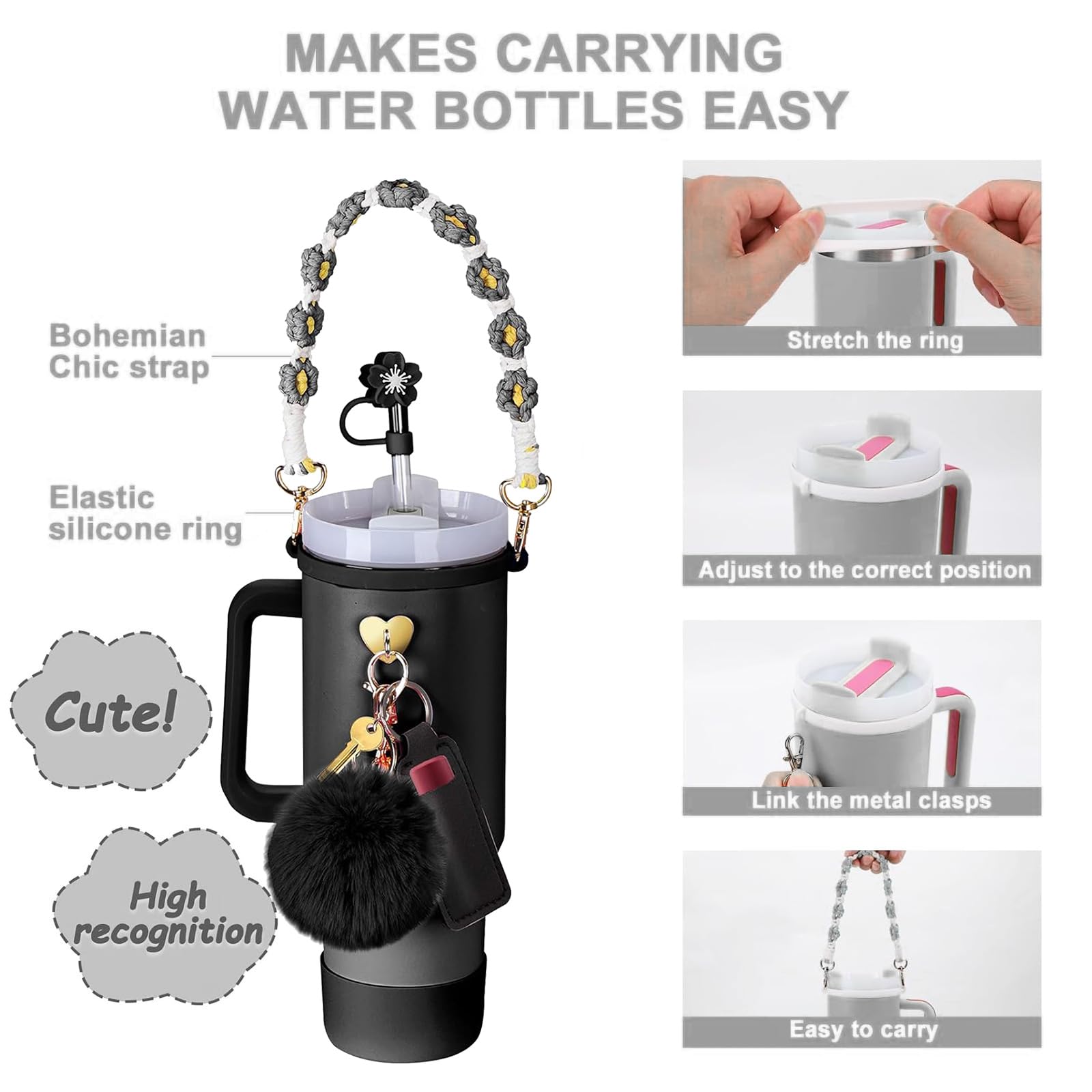 Estefanlo Lot De 7 Accessoires Stanley Cup - Avec Sangle De Poignée Pour Bouteille D'eau, Bottes En Silicone, Couvercle De Paille En Silicone - Accessoires Pour Stanley Cup - 800 Ml à