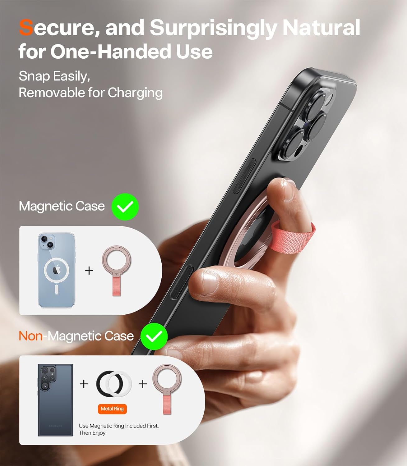 TORRAS 2025 Upgrade (Gen 6.0) Magnetic Phone Grip Holder Kickstand with Braided Strap, Fit for MagSafe Ring Removable, for iPhone 17 16,15, 14, 13 12 Pro/Max Samsung, Google (Rose Gold), Ostand Ring