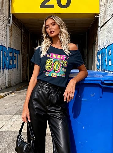 Miniatura 2 de Traje de los años 80 para mujer, camisas de neón de los años 90, camisetas con hombros descubiertos para mujer, camisetas vintage de la era