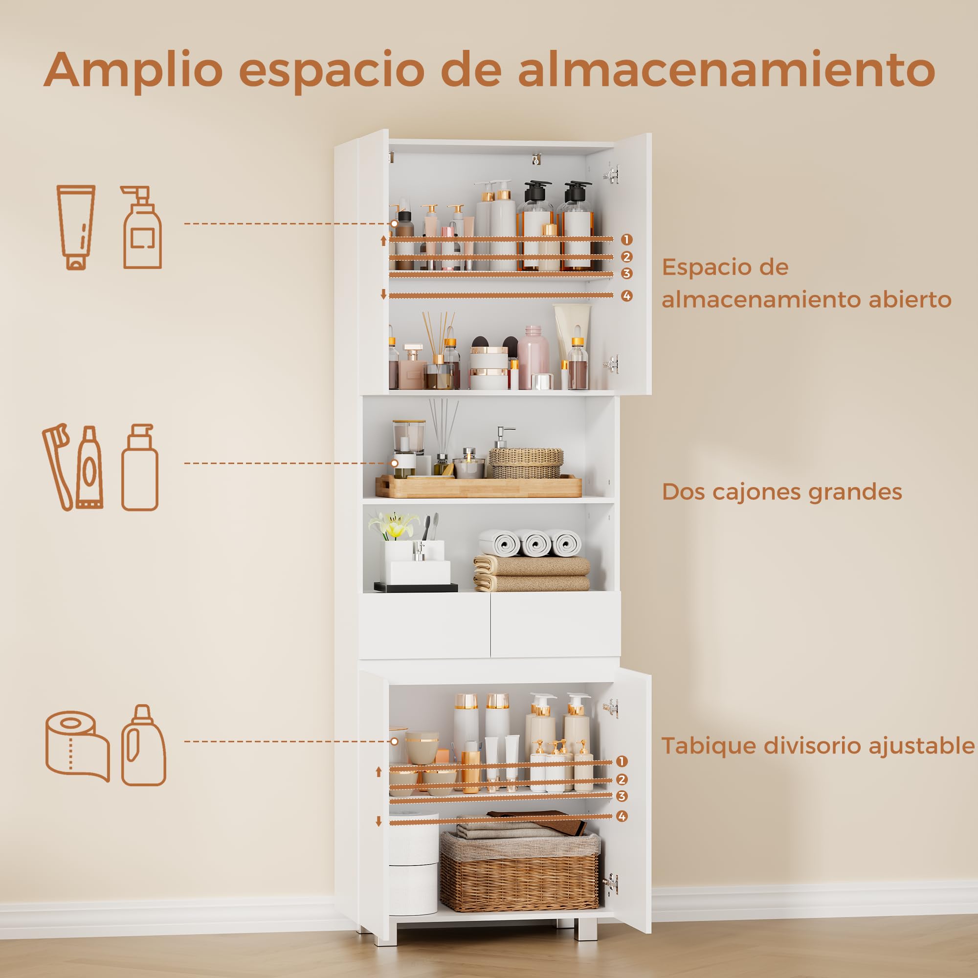 ANWBROAD Armario Alto de Baño,Mueble Columna de Baño con Estantes Ajustables,2 Cajón,Kit Antivuelco,Mueble Auxiliar de Almacenaje,para Cocina,Salón,30x60x180 cm,Blanco SBC012W