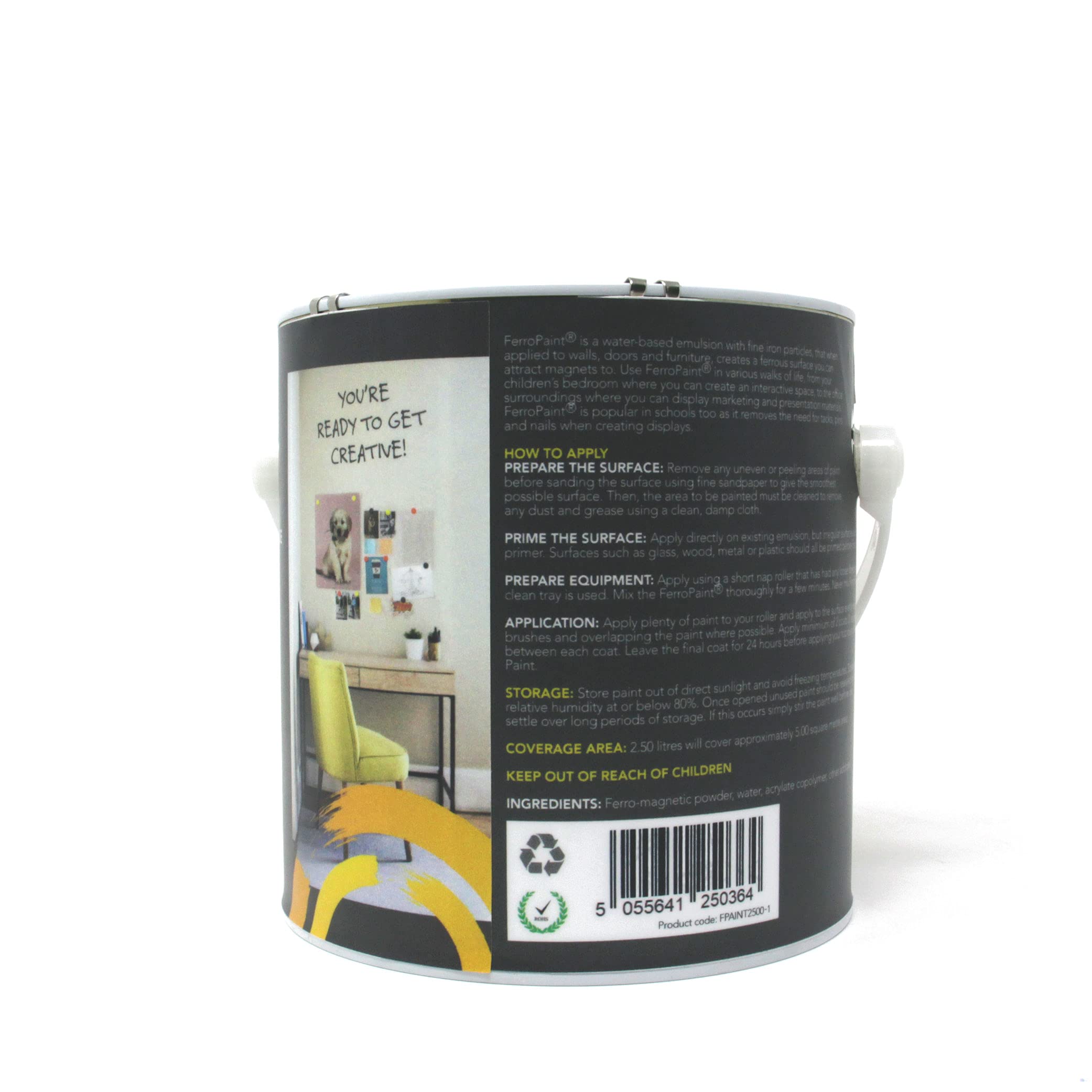 Ferropaint® Charcoal Magnetic Lack Für Wände, Schlafzimmer, Büro, Küche, Spielzimmer, Klassenzimmer, Diy und Renovierung - 2,5 Liter - 5 Dosen