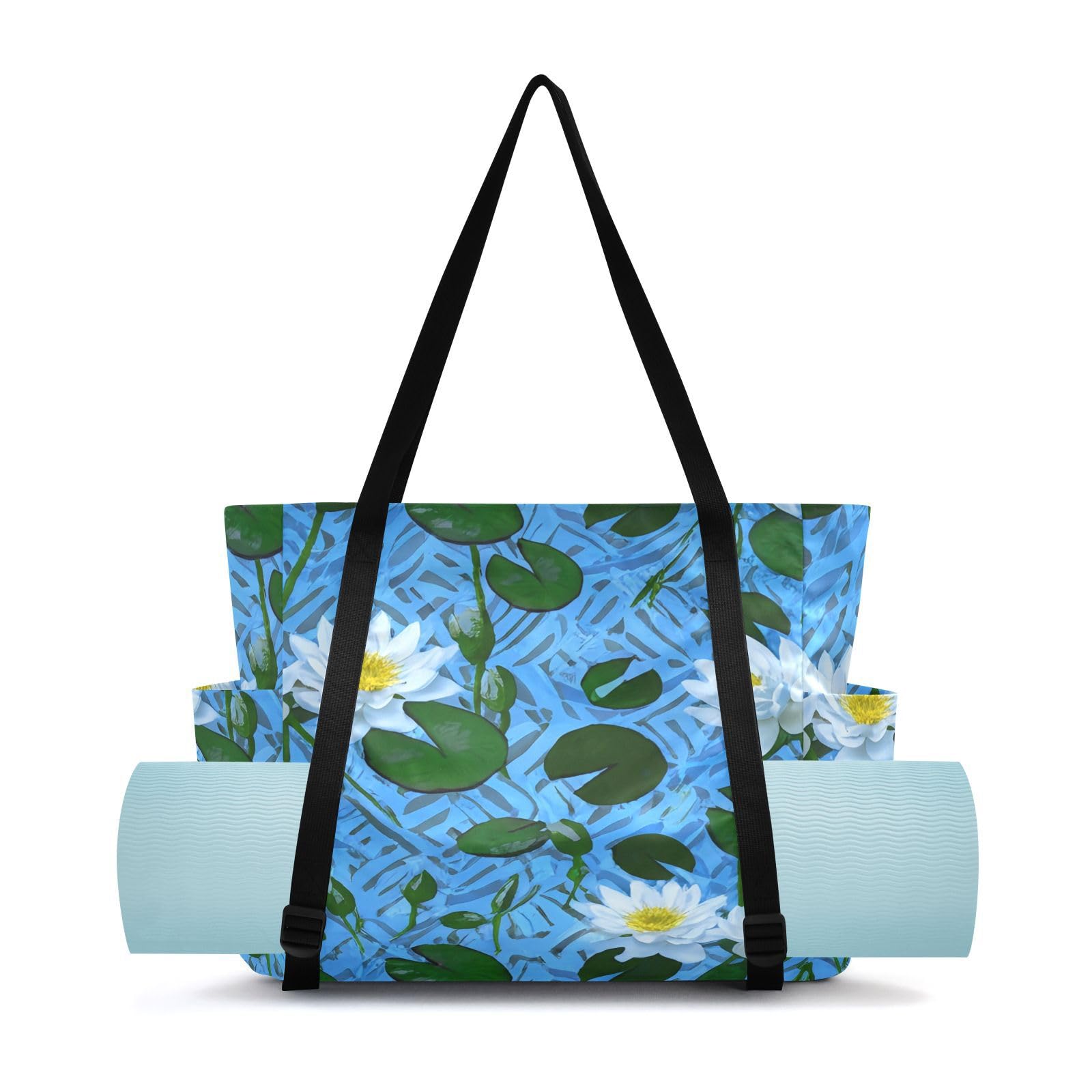 Lxqimora Flowers Simple White Yoga Mat Bag for Women Water-Resistant Gym Bag with Yoga Mat Holder Tote Bag for Pilates Gym Yoga Travel