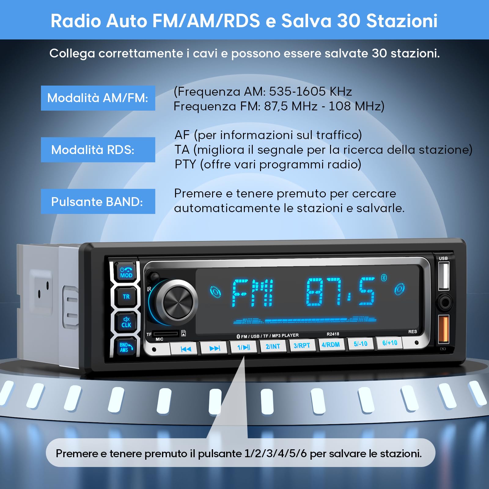 RDS Autoradio Bluetooth 5.0 Vivavoce, Wistrue Stereo Auto Bluetooth FM/AM Autoradio1 Din per Auto, Supporto Vivavoce 2USB/AUX/SD/TF/iOS Android