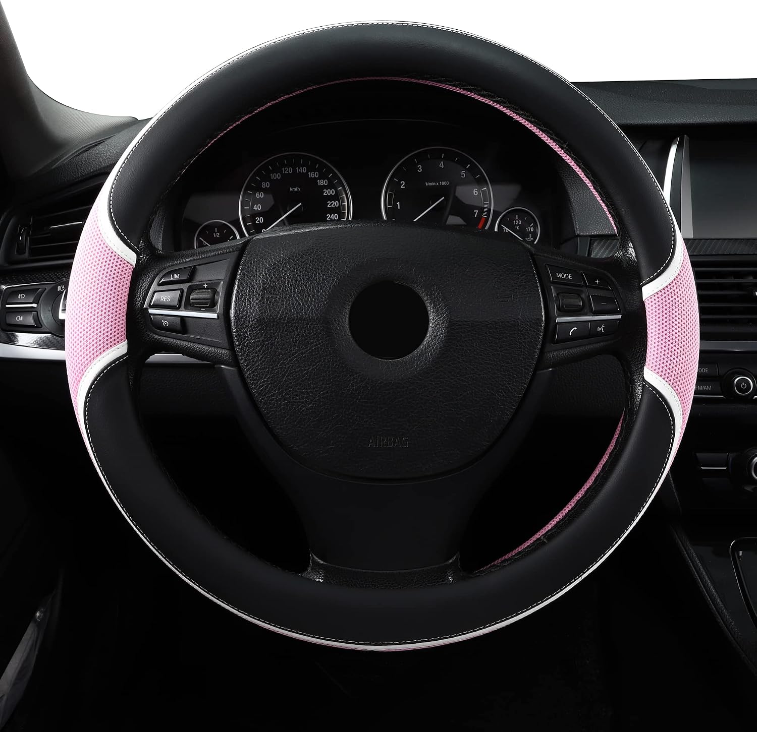 Microfiber Leather 15" Universal Fit Car Steering Wheel Cover, Elastic Nonslip Breathable and Odorless, Black & Pink Grip