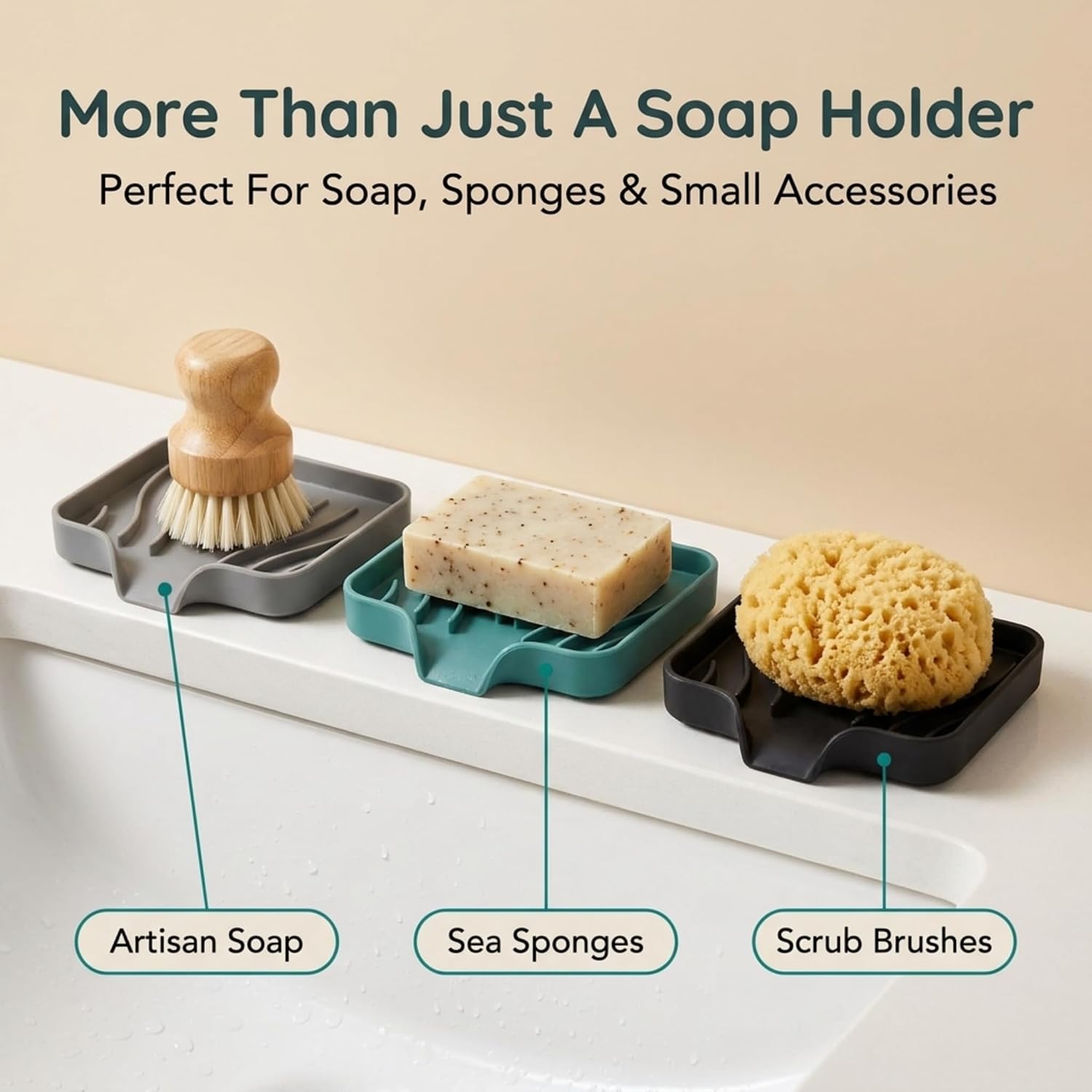 Self Draining Soap Dish with Drain Spout - Bar Soap Holder for Bathroom & Kitchen Sink - Flexible Non-Slip Silicone Soap Holder for Bar Soap, Sponge & Scrubber – 3 Pack image 5