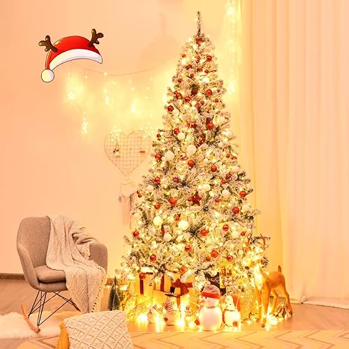 Miniatura 5 de HAPPYGRILL Árbol de Navidad preiluminado de 6 pies, agujas de PVC de alta calidad, 600 puntas de rama, pino flocado con bisagras de nieve con