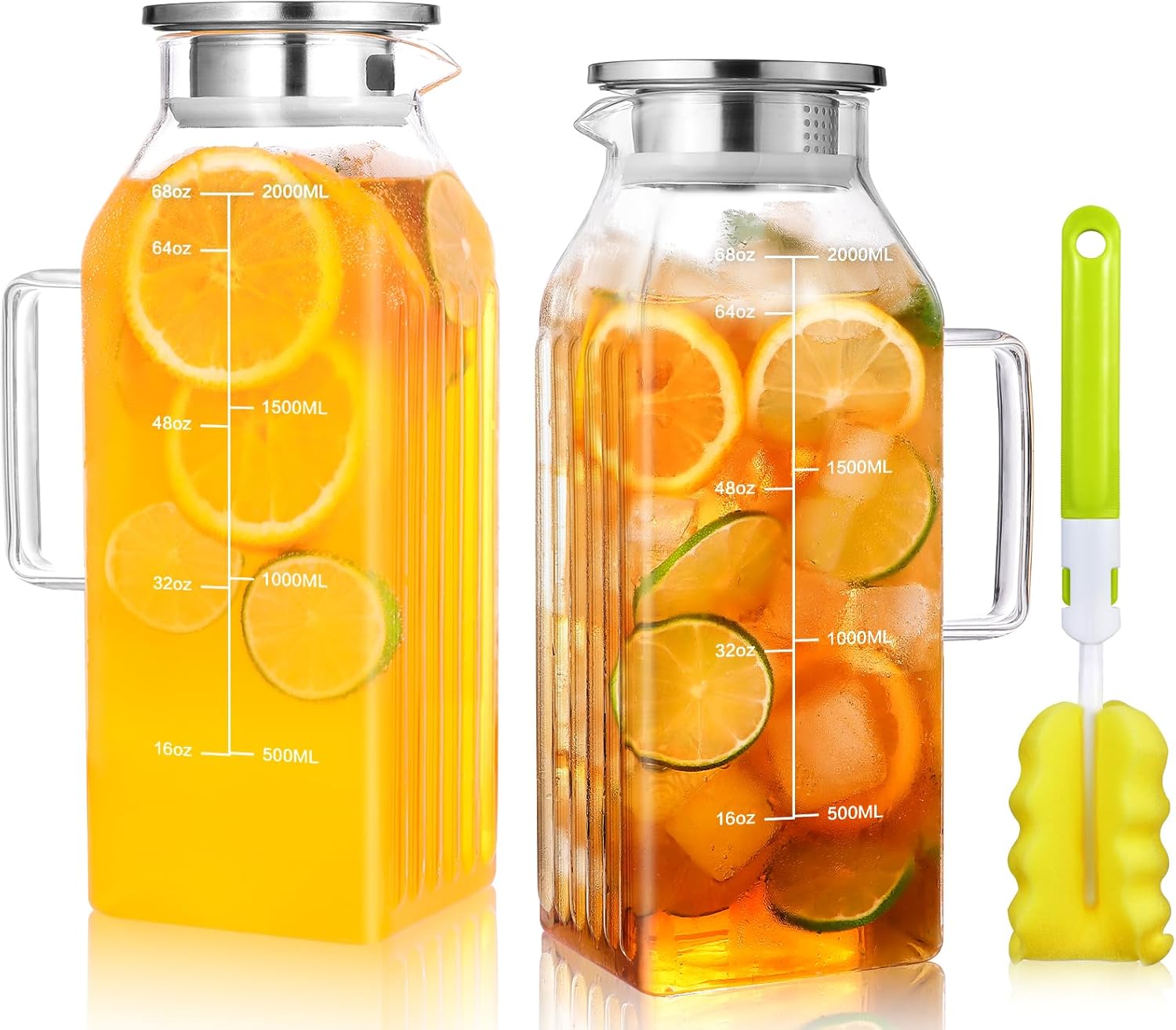 2 Liters/68oz 2 Pack Square Glass Pitcher with Lid and Handle for Fridge Door, Aofmee Borosilicate Glass Heat Resistant Dishwasher Safe Iced Tea Jar, Carafe with Scale Line for Hot/Cold Beverage