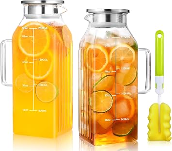 Aofmee Square Glass Pitcher for Fridge Door, 68oz 2L Ice Tea Pitcher 2 Pack | Thickened Borosilicate Glass, Dual Pour Stainless Steel Lid, Drip-free Spout, Stovetop Dishwasher Safe, Heat Resistant