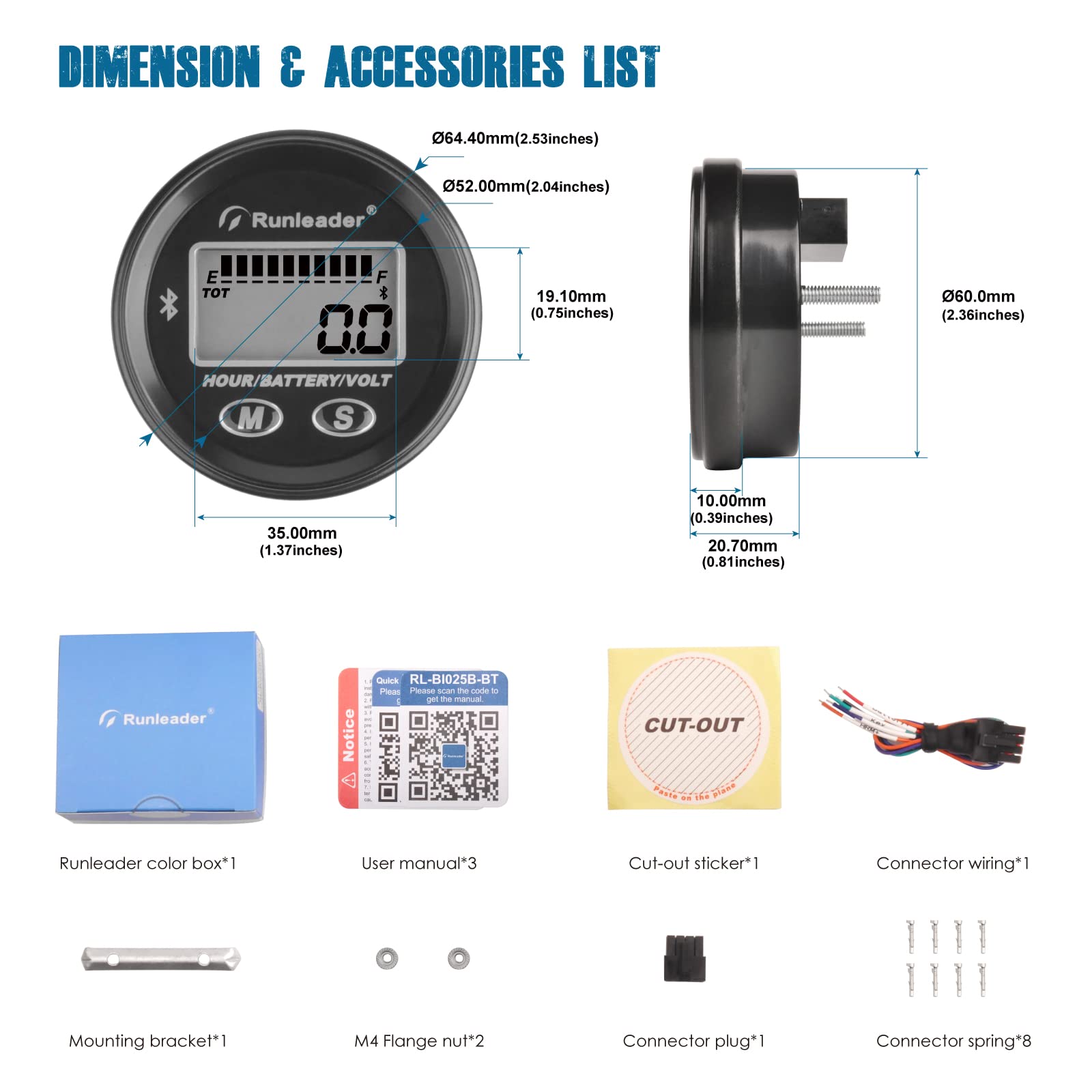 Runleader da 12V a 48V Bluetooth LCD Battery Level Meter,Volt Meter with Alert,Run Hours Record for Lead Acid Trojan GEL AGM LiFePO4 Battery driven Golf car Forklift Go-kart (1)
