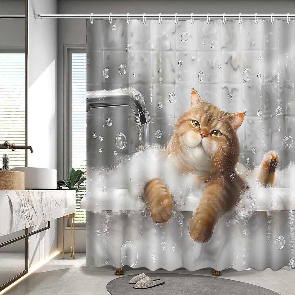 APROPHIC Cortina de ducha con diseño de gato, 180 x 180 cm, cortina de ducha para niños, diseño de dibujos animados, cortina de baño, cortina de ducha impermeable, decoración de baño con 12 ganchos
