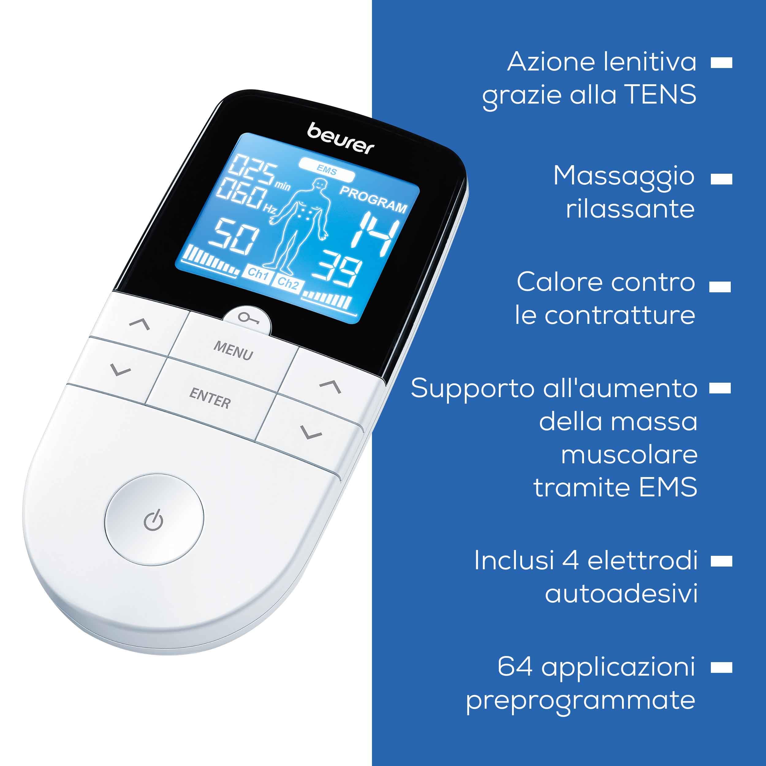 Beurer EM 49 Digital TENS/EMS, elettrostimolatore 3 in 1 per alleviare il dolore tramite elettrostimolazione nervosa, allenamento EMS, funzione massaggio, 2 canali, 6 programmi, 4 elettrodi