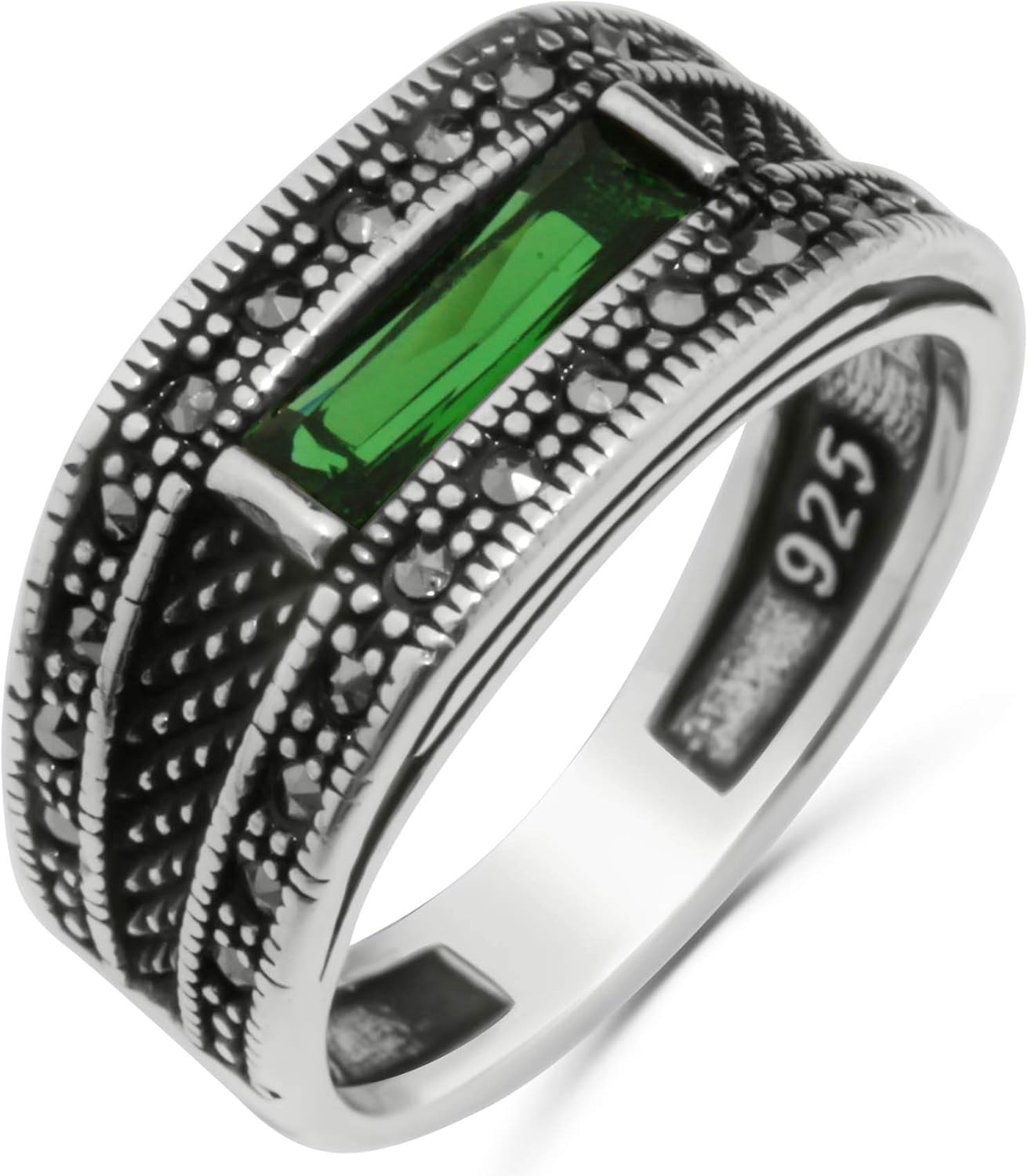 Solid 925 Sterling Silver Turkish Handmade with Baguette Cut Simulated Green Emerald Stone & Marcasite Stone Men's Band Ring