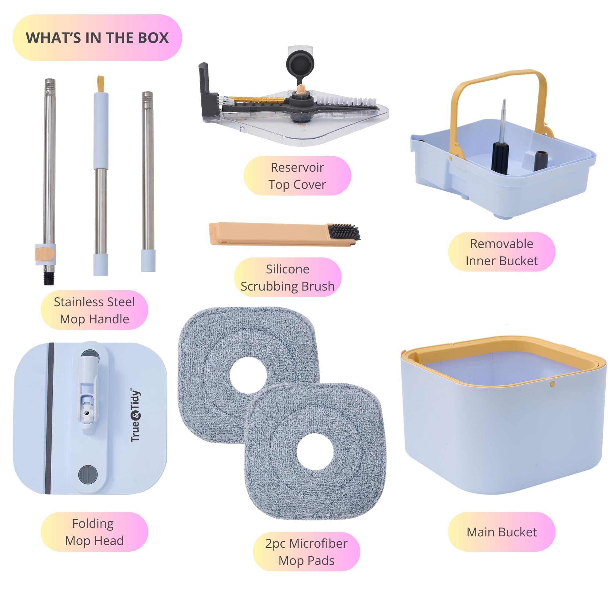 Sistema de fregona giratoria y cubo PRO con cubo interior desmontable, separa el agua limpia y sucia, autónomo, cabezal cuadrado plegable, flujo de chorro triple con cepillo oculto, 2 almohadillas