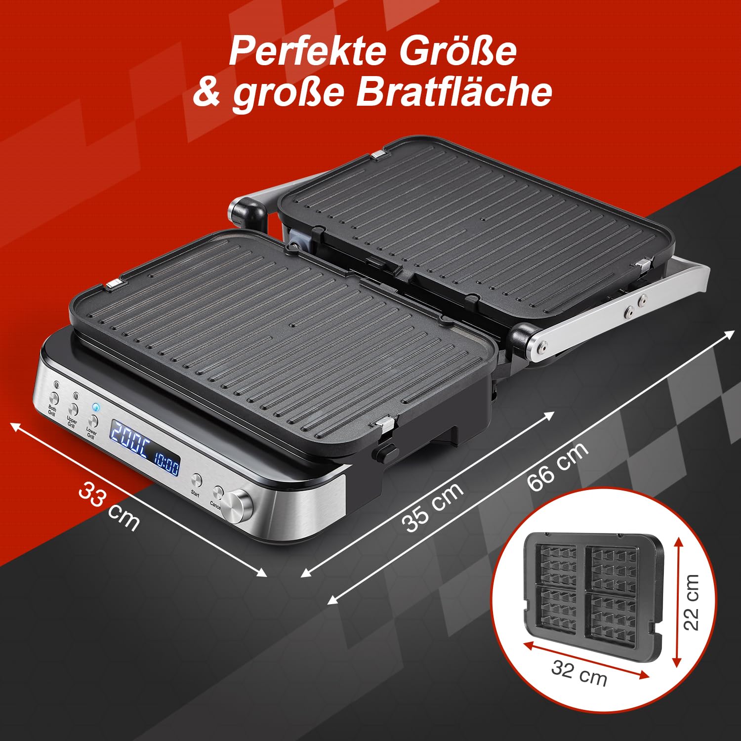 AMZCHEF Kontaktgrill XXL 2000W 4-in-1 Multifunktionsgrill mit Wechselplatten, Panini Grill, Waffeleisen & Sandwichmaker, 80–230°C, Timer, 180° Tischgrill, Antihaft