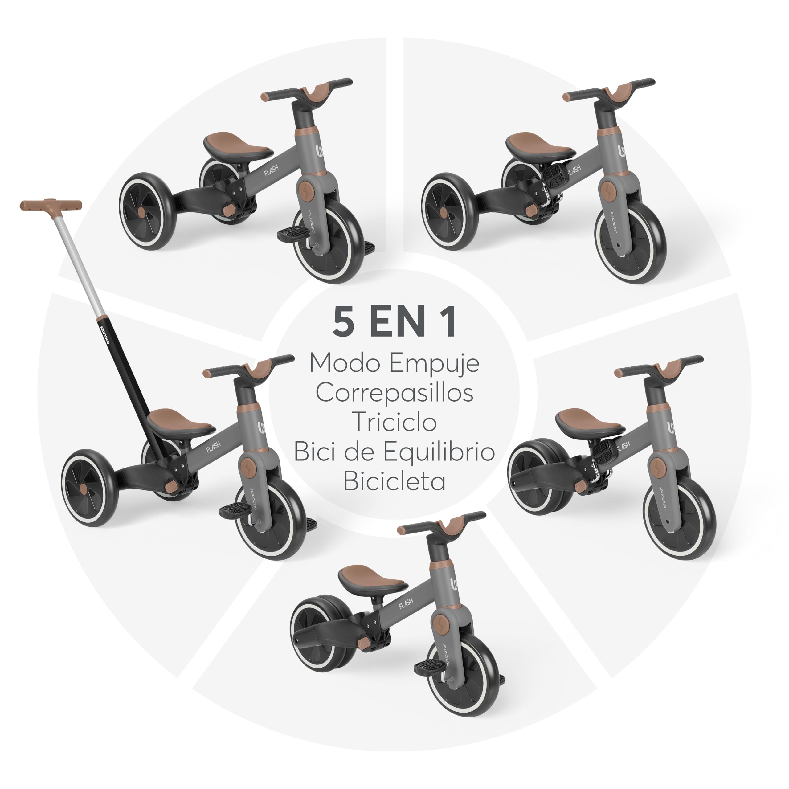 KikkaBoo Triciclo Evolutivo de Bebé 5 en 1 Flash, Desde 18 Meses a 4 Años, Transformable en Bicicleta Sin Pedales, con Manillar de Empuje Ajustable, Ligero, Ruedas EVA, Gris