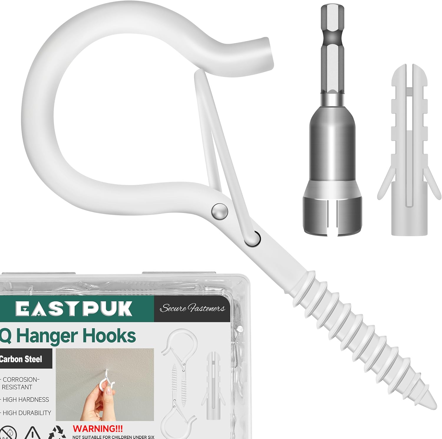 20PCS Q-Hanger Hooks with Safety Buckle, 2.2 Inch White Eye Hook Screw Cup Wall Ceiling Q-Hanger Hooks for Outdoor String Lights Hanging Christmas Lights, Plants with 1 Wing Nut Driver