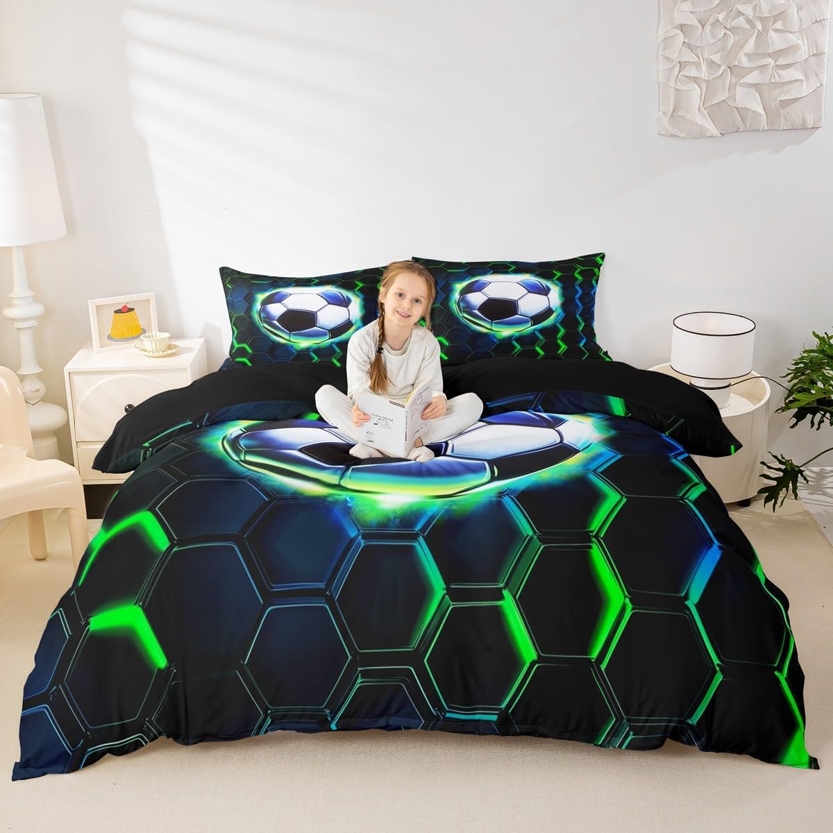 Manfei Football Duvet Cover Set Full Size,Soccer Game Ball Sports Kids Bedding Set,Geometric Honeycomb Hexagon Room Decor,Black Green Quilt Cover,2 Pillowcases(No Comforter)