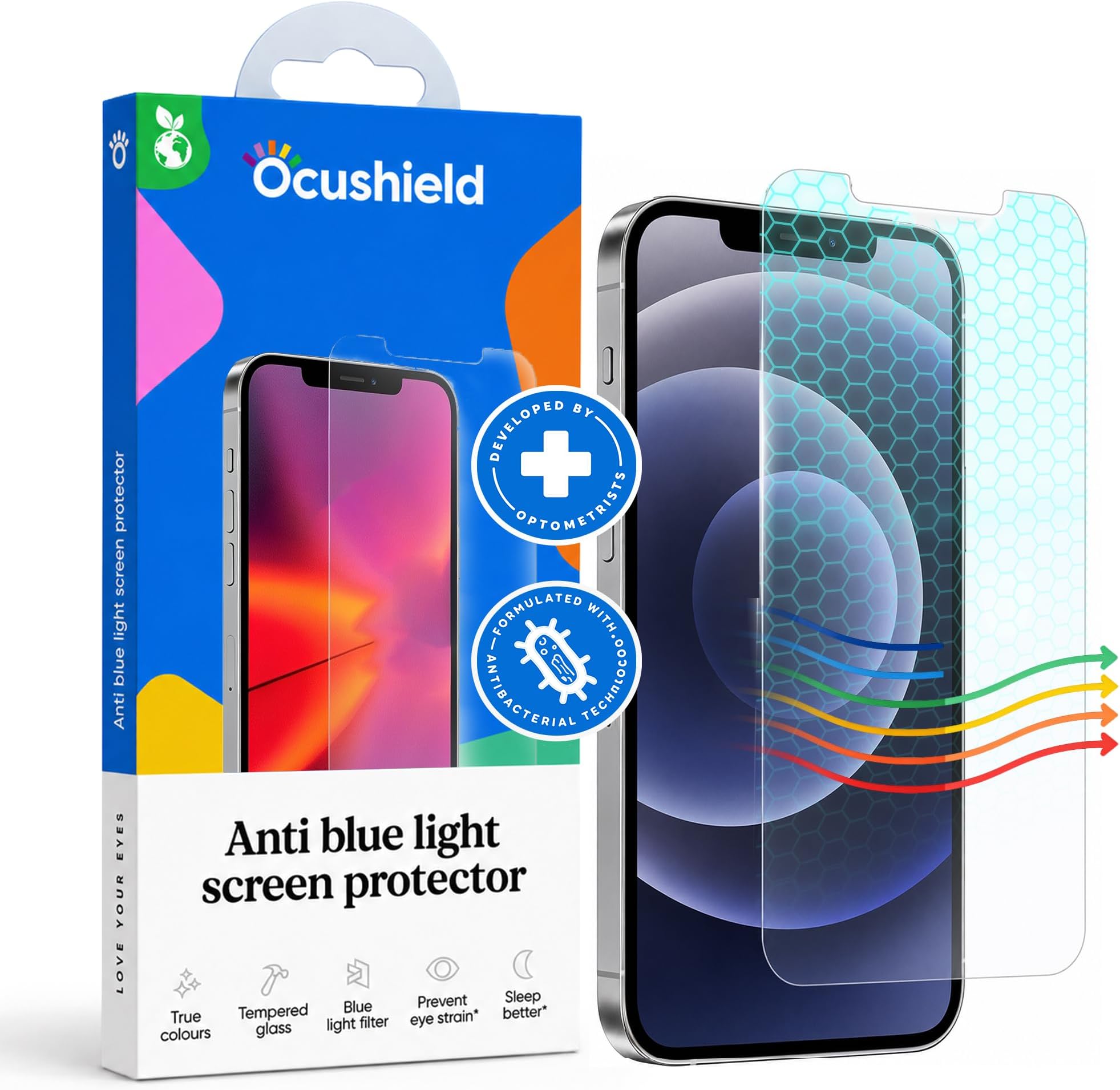 - Anti Blue Light Tempered Glass Screen Protector of iPhone 12 & iPhone 12 Pro (6.1") – Blocks Blue Light, Prevents Eye Strain & Helps You Sleep Better, 9H Hardness & Case Friendly | Fits 6.1 inch display. 9H tempered glass blocks UV & blue light. Anti-bacterial. Designed by UK optometrists.