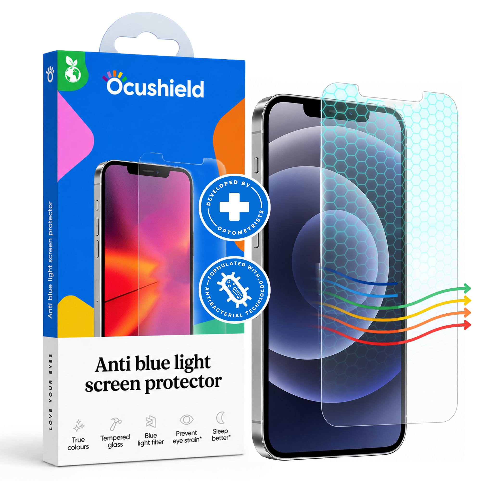 Ocushield Protector de pantalla de vidrio templado antiluz azul para iPhone 12 | iPhone 12 Pro de 6.1 pulgadas - Protege tus ojos reduce las migrañas y mejora el sueño