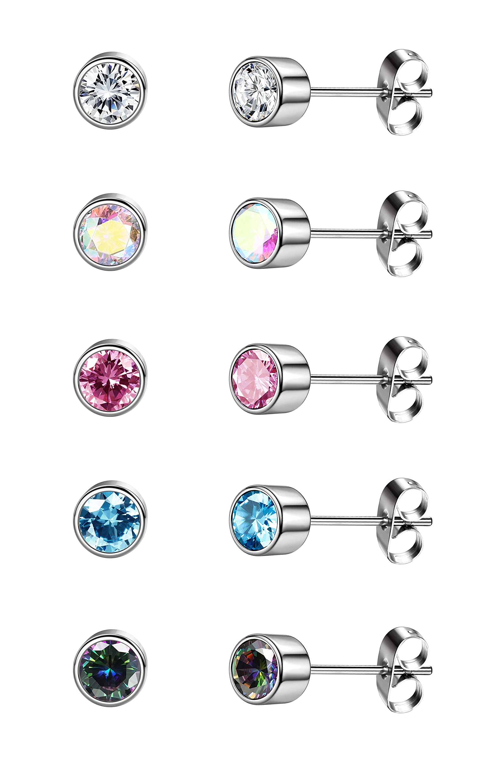 CASSIECA5 Pairs G23 Titanium Stud Earrings for Women Men Titan Earring Hypoallergenic Surgical Steel CZ Cartilage Earrings Cubic Zirconia Sleeper Studs 3/4/5mm Gifts for Her with Jewelry Box