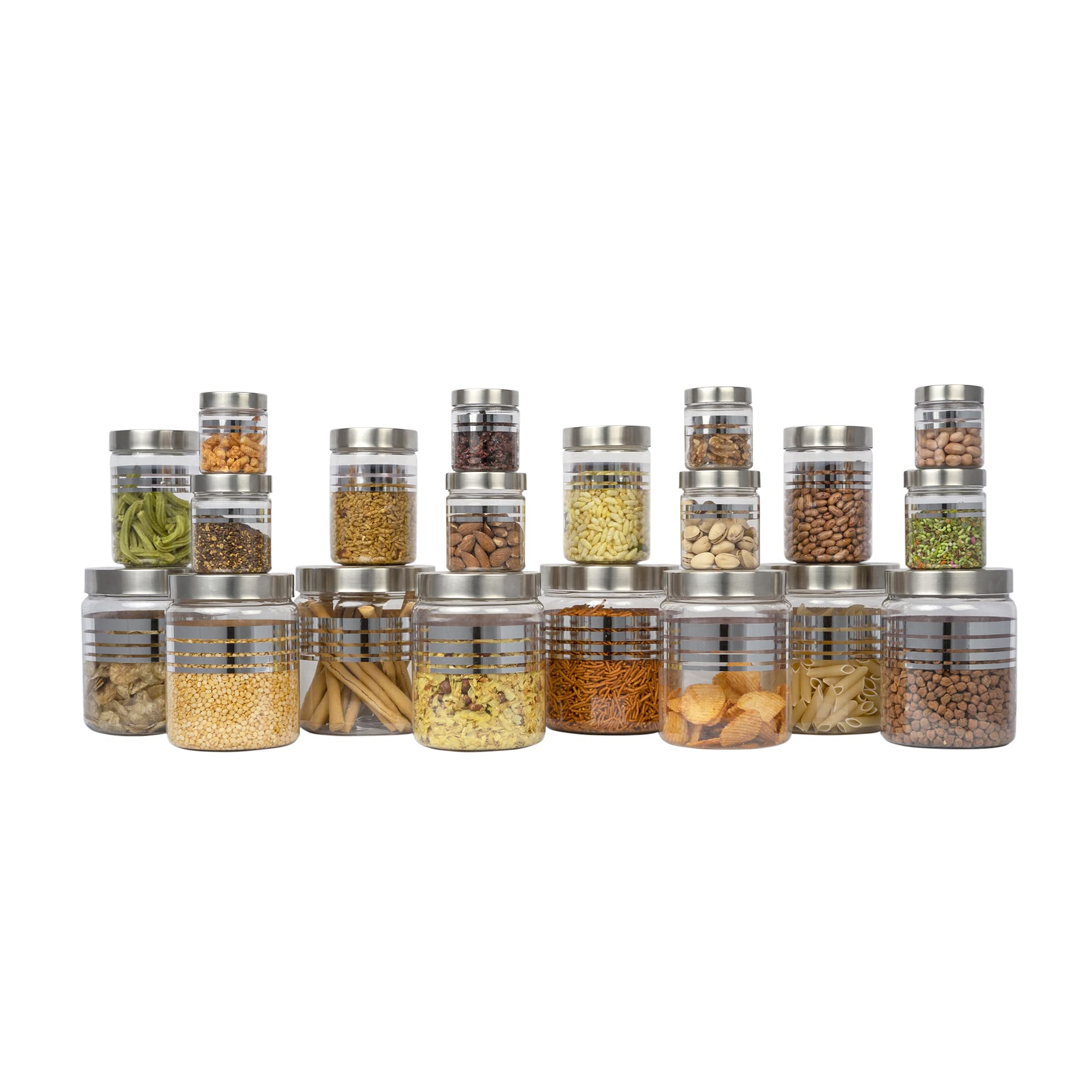 Silverline 20A PET Kitchen Storage Jars with Steel Cap - 1500 ML, 1000 ML, 450 ML, 200 ML, 100 ML (Pack of 20), Transparent