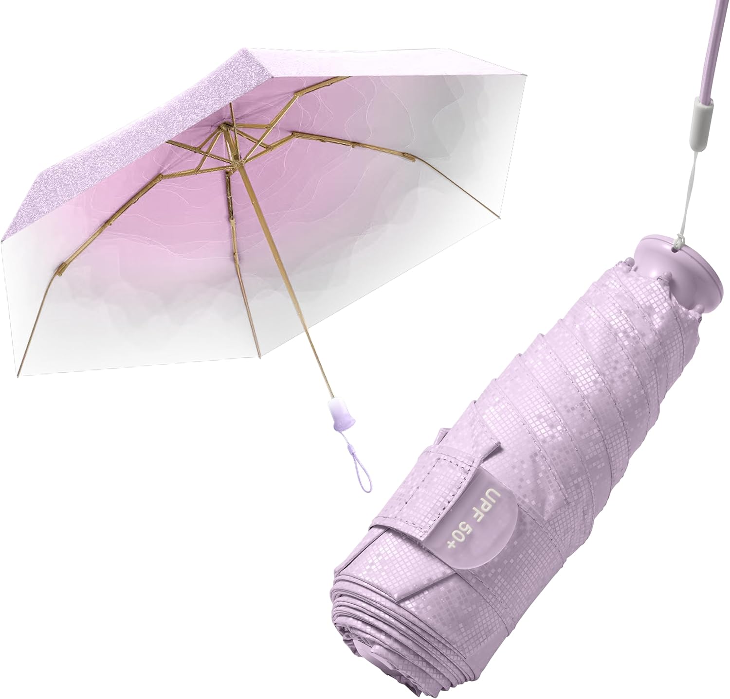Mini Travel Folding Umbrella With Built-in Telescopic Hidden Handle for Women Kids,Pocket Parasol With Large Storage Bag, Sparkly Cooling Cloth,UV Protection,UPF50,Compact Lightweight,6 Ribs,Rain