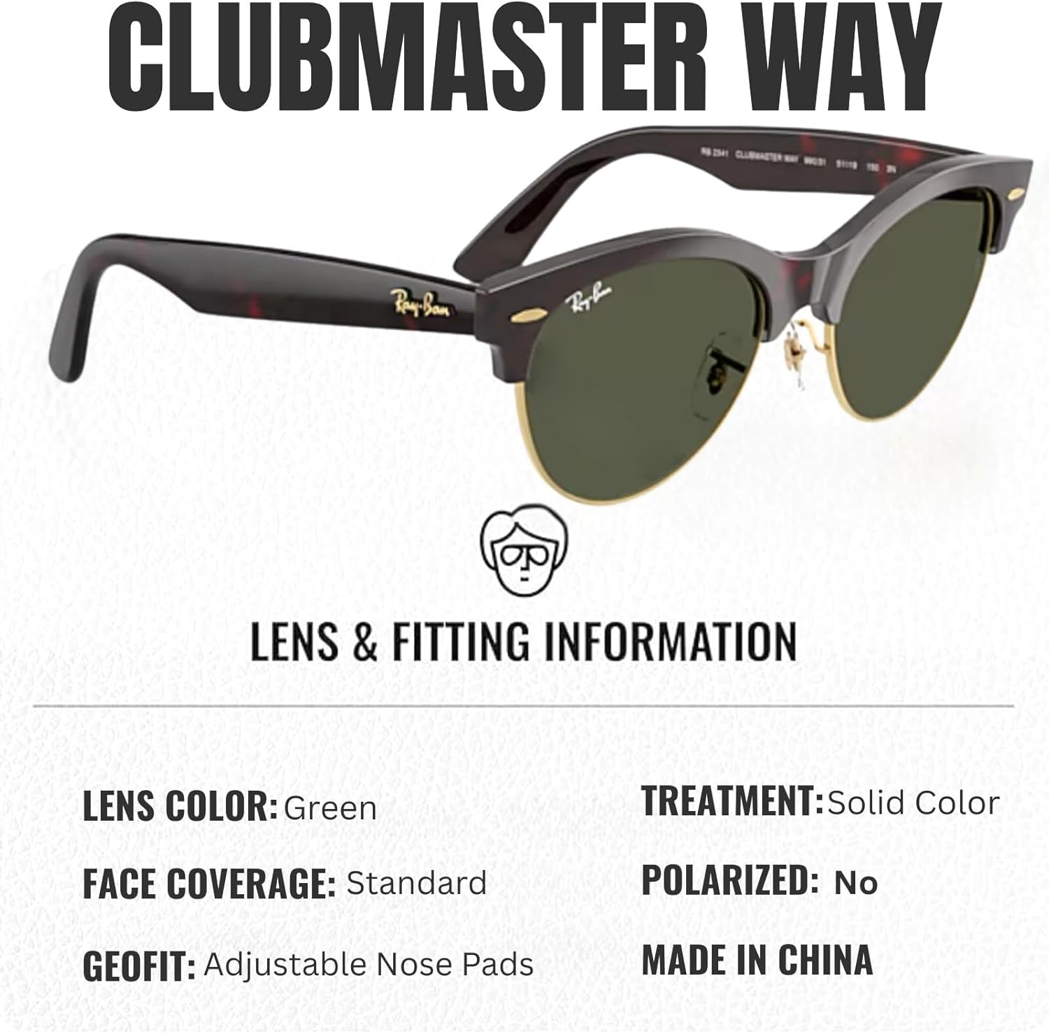 Ray-Ban RB2341 CLUBMASTER WAY Square Shaped Sunglasses for Men & Women with Official RAYBAN Eyewear Kit