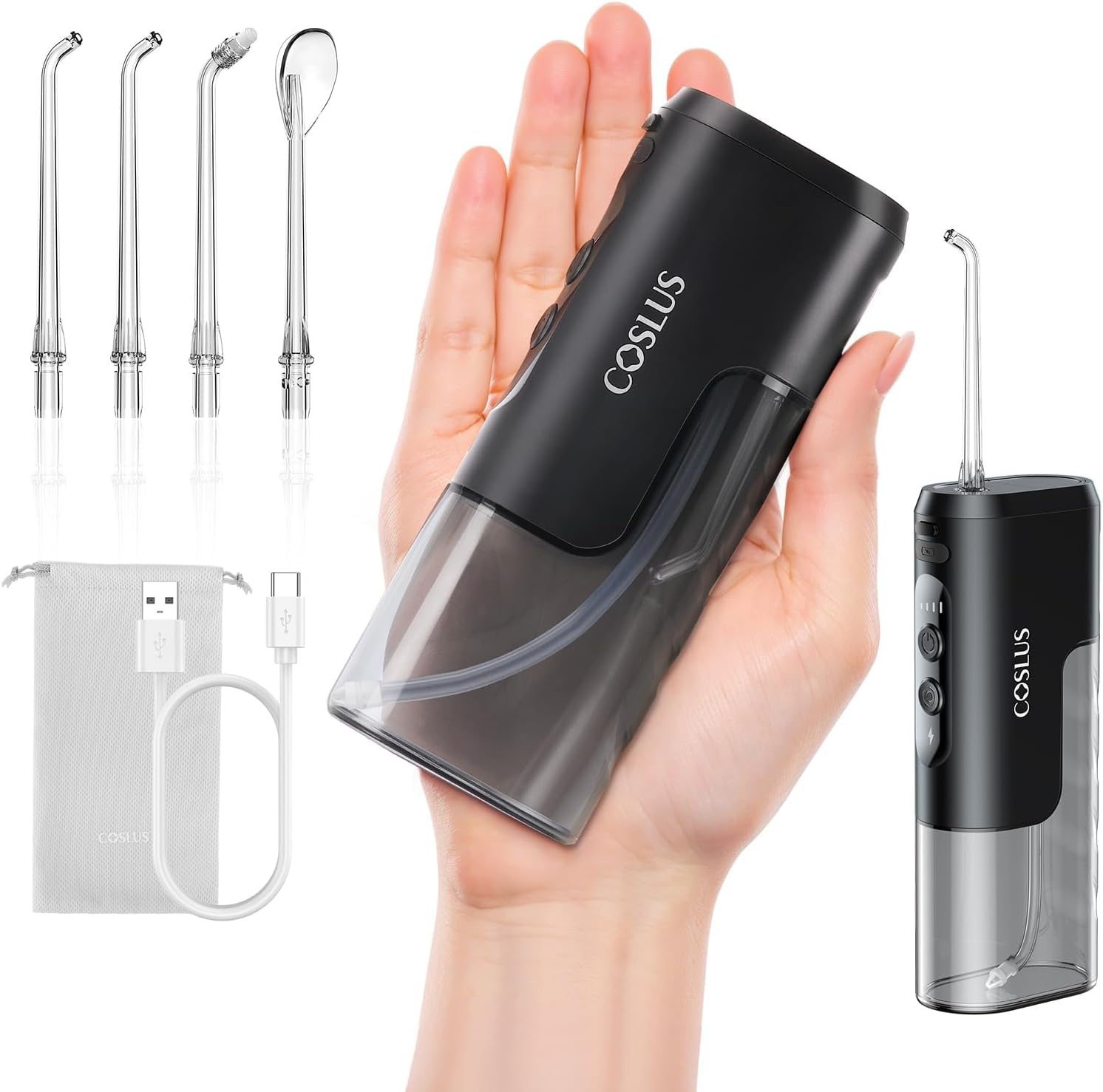 COSLUS Mini T40 Portable Water Flosser for Travel, Cordless Compact Oral Irrigator for Teeth, Braces, Gums Care with 4 Jet Tips & Storable, Rechargeable, Waterproof On-the-Go Use, BPA-Free, Black