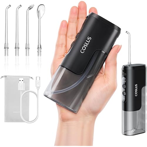 COSLUS Mini Water Flosser for Travel: Portable Compact Design, Cordless Oral Irrigator with 4 Modes, Removable Tank, IPX7 Waterproof for Braces, Orthodontic, Sensitive Teeth On-The-Go Use, Black, T40