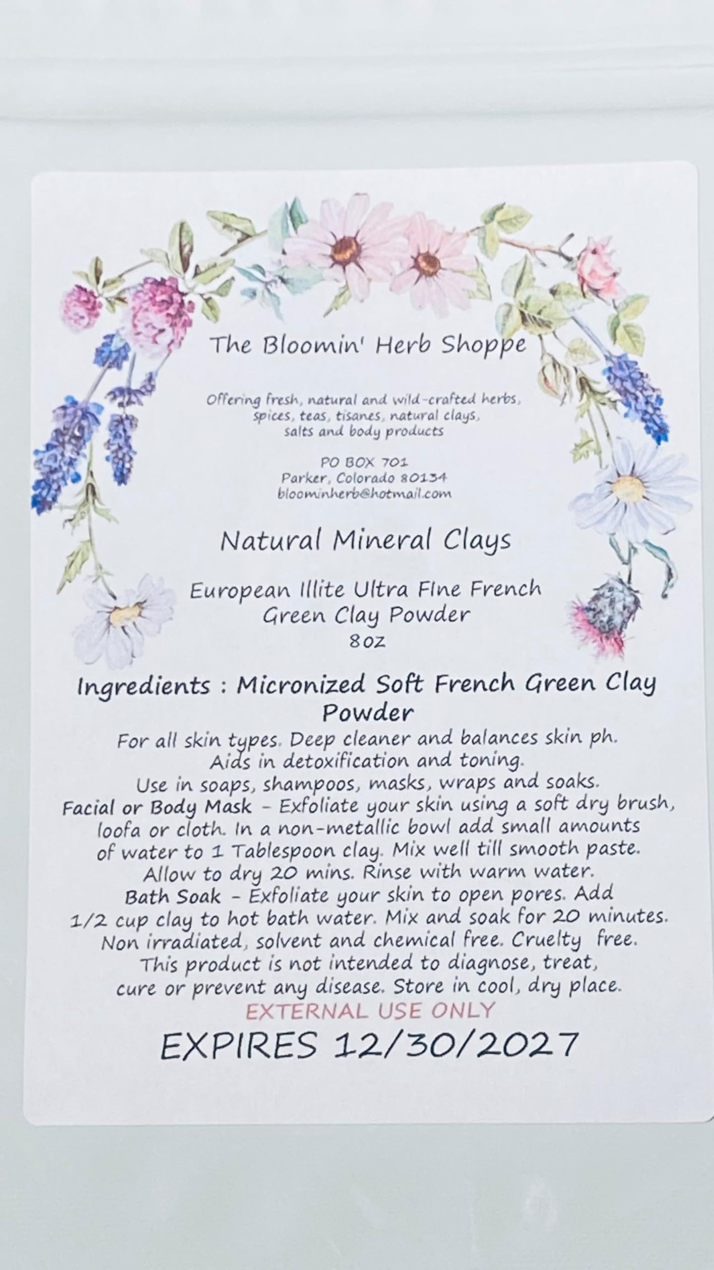 Illite Green Clay Powder Premium | 8oz | Micronized ultra soft | Pure French Green | The Bloomin Herb Shoppe | Cleanse exfoliate detox mask wrap soak soap shampoo