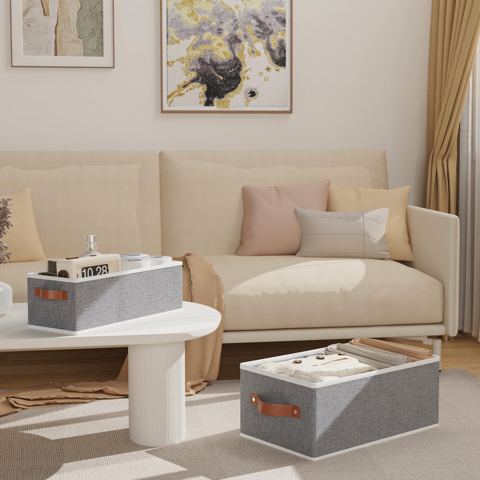 OUTBROS 6 Pcs Cestas de Almacenamiento, Gris, 41×25×16.5cm | Cajas Almacenaje Plegables con Tapa, Contenedores de tela Para Almacenamiento Cajaspara Guardar Ropa