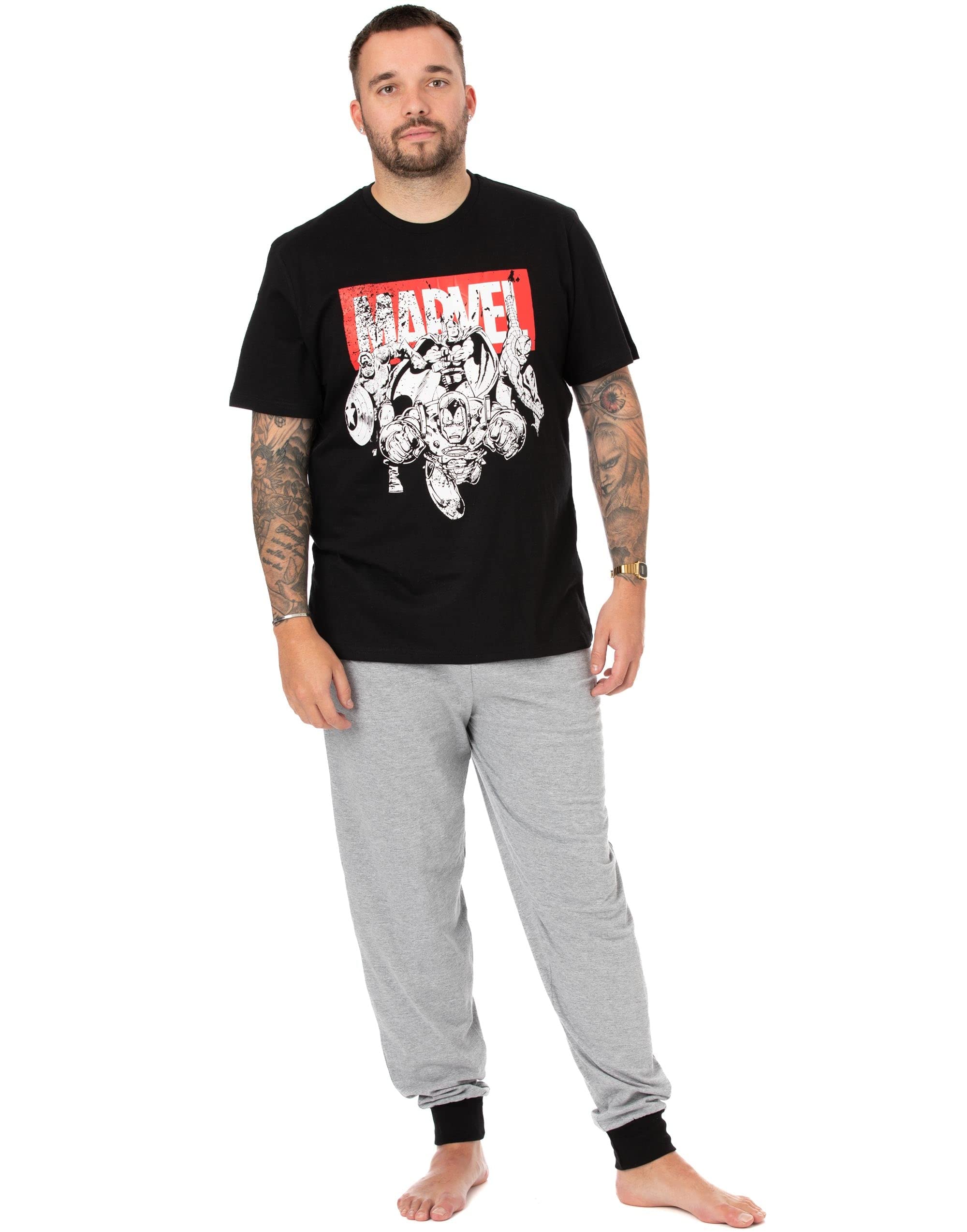 Vanilla Underground Men's Black Marvel Short Sleeve Long Leg Pyjama Set - Small