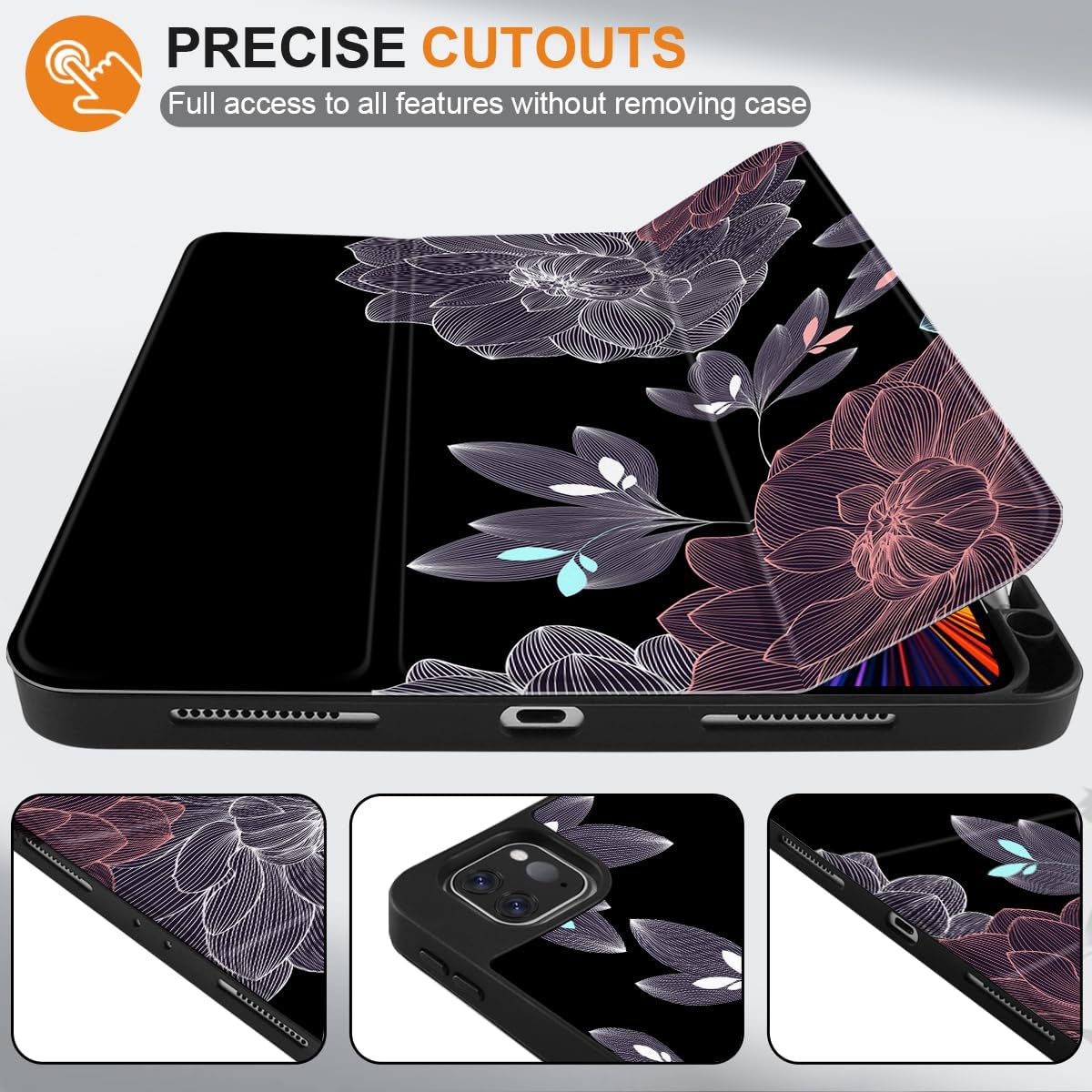 DONGKE Case for 2022/2021/2020/2018 iPad Pro 11 inch Gen 4/3/2/1 - Slim Protective Case - Built in Pencil Holder Support Charging - Trifold Stand & Sleep/Wake Cover - Elegant Flowers