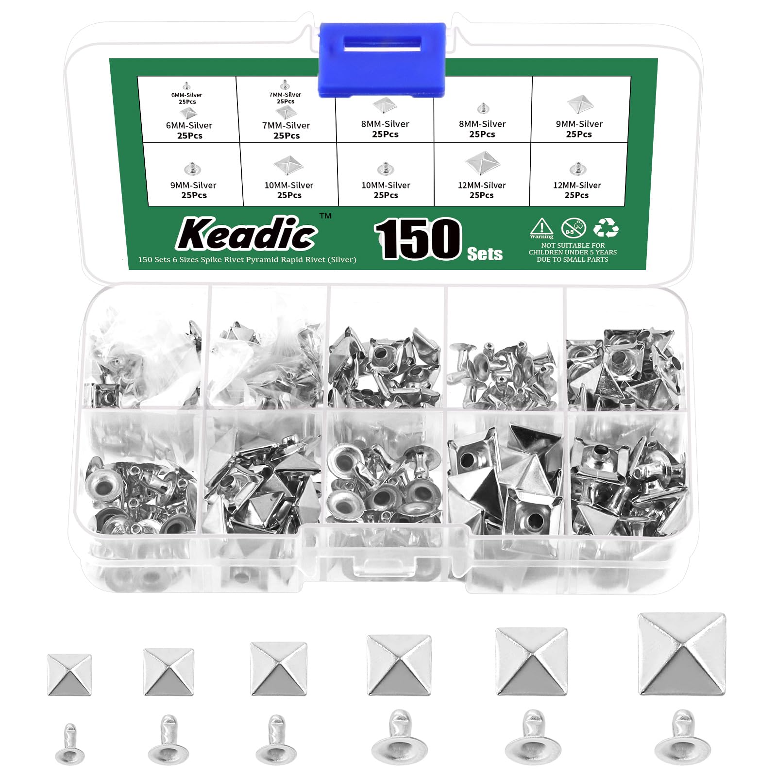 Keadic 300Pcs Silver Punk Spike Studs Assortment Set including Plastic Case
