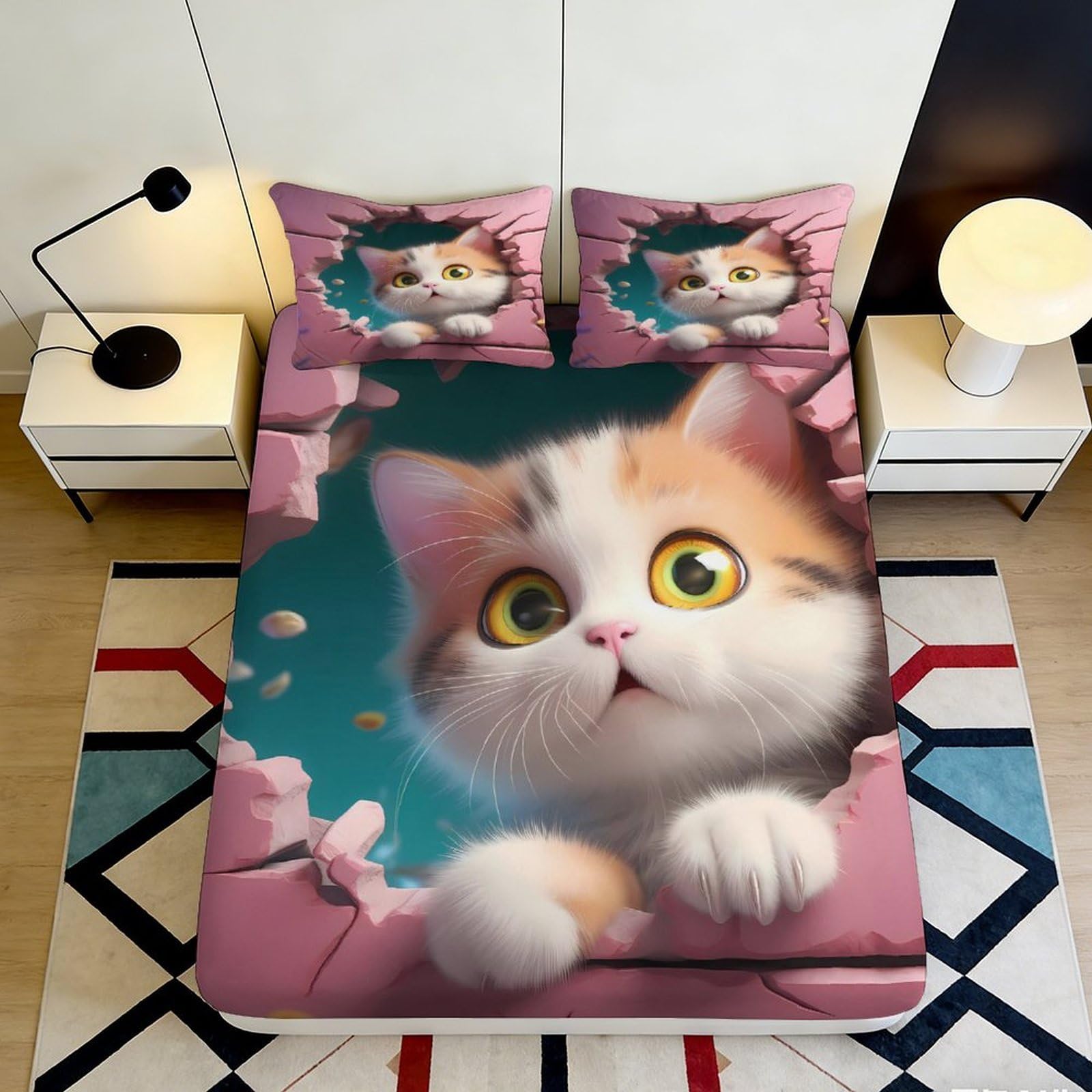 3D Printed Cute Cat Fitted Sheet Microfiber Pink Artistic Cartoon Bed Cover for Bedroom Guest Room Mattress Decor 90x200x25cm
