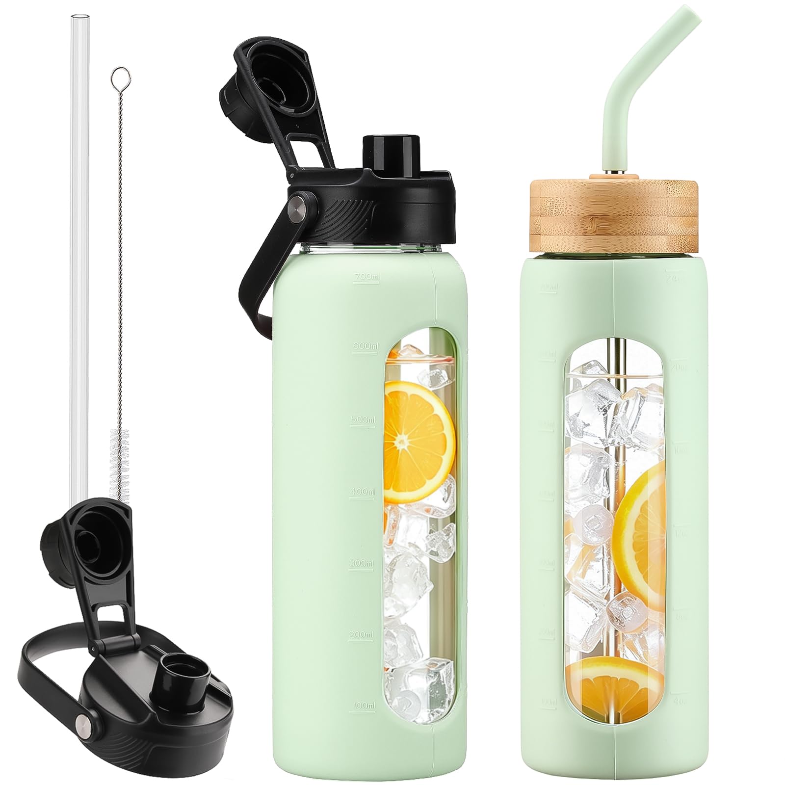 24 oz Glass Water Bottle with Straw and 2 Lids, Light Green