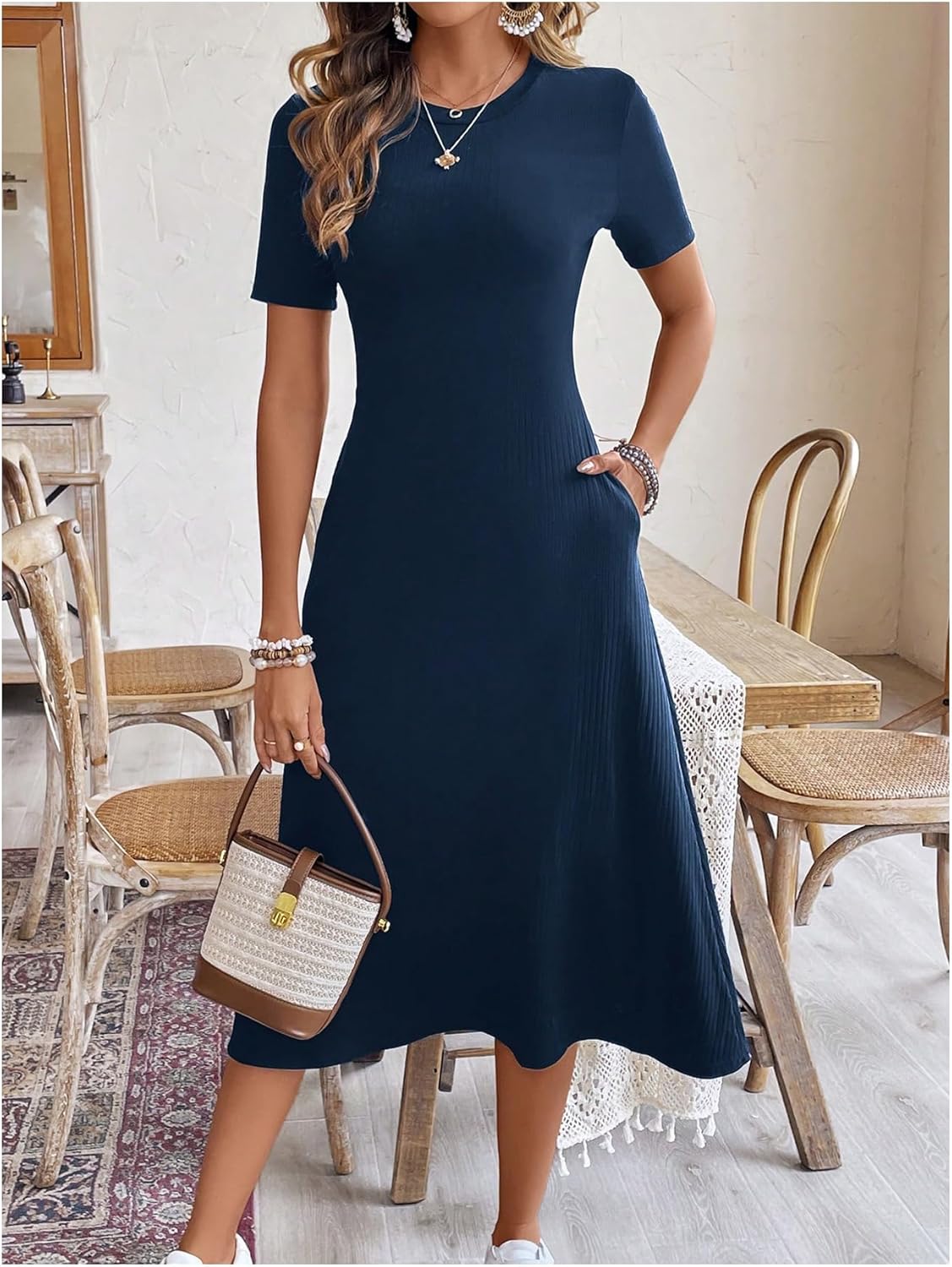 OYOANGLE Women's Short Sleeve Crewneck Midi Dress Ribbed Knit Long Dresses with Pockets - Image 4