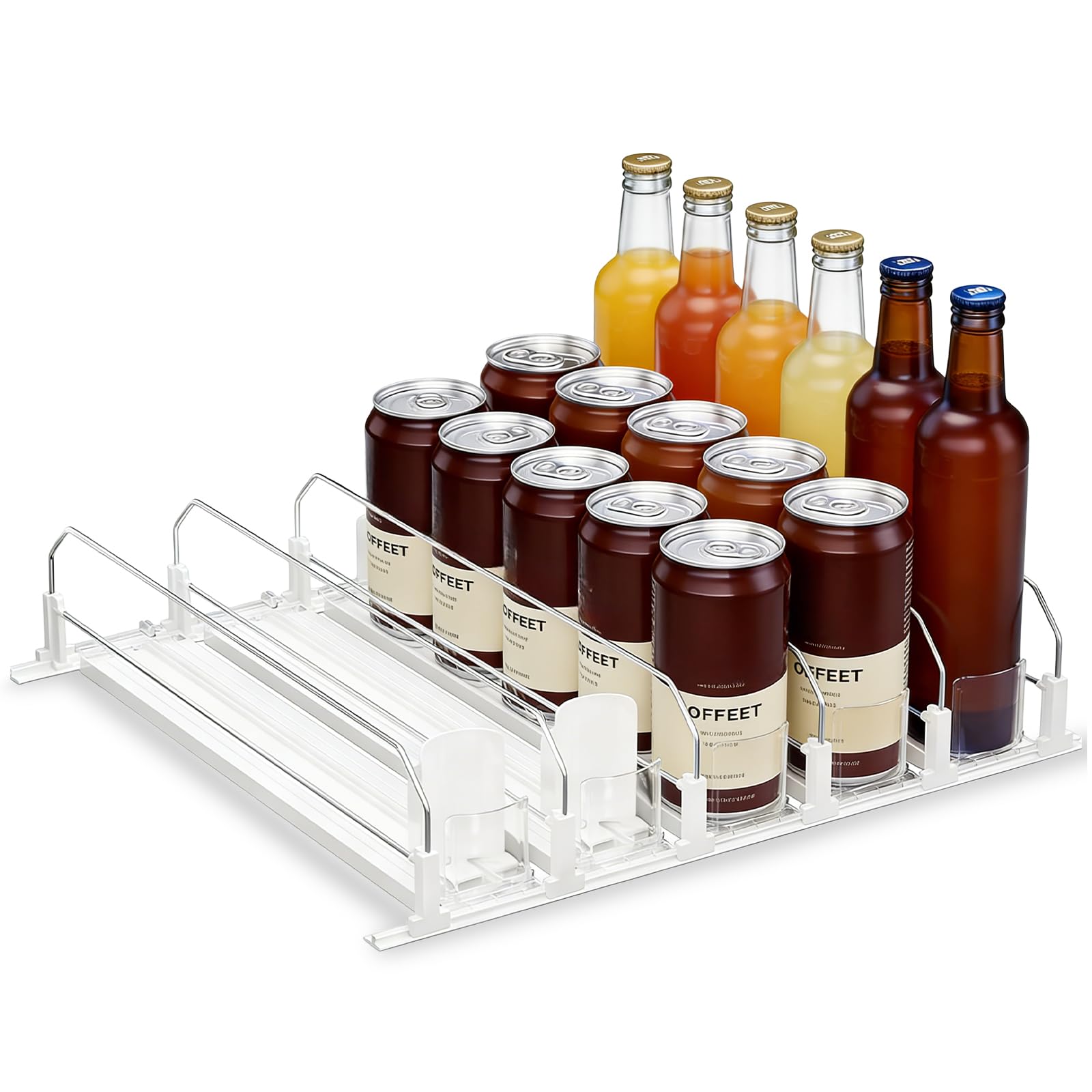 Meetoz White+Transparent 5 Rows Fridge Can Dispenser, Self-Pushing Drink Organizer, Soda Beer Can Organizer For Fridge Pantry, Fridge Organisers Adjustable Width, For Refrigerator, Shelves, Counters, Shops, Hotels ﻿